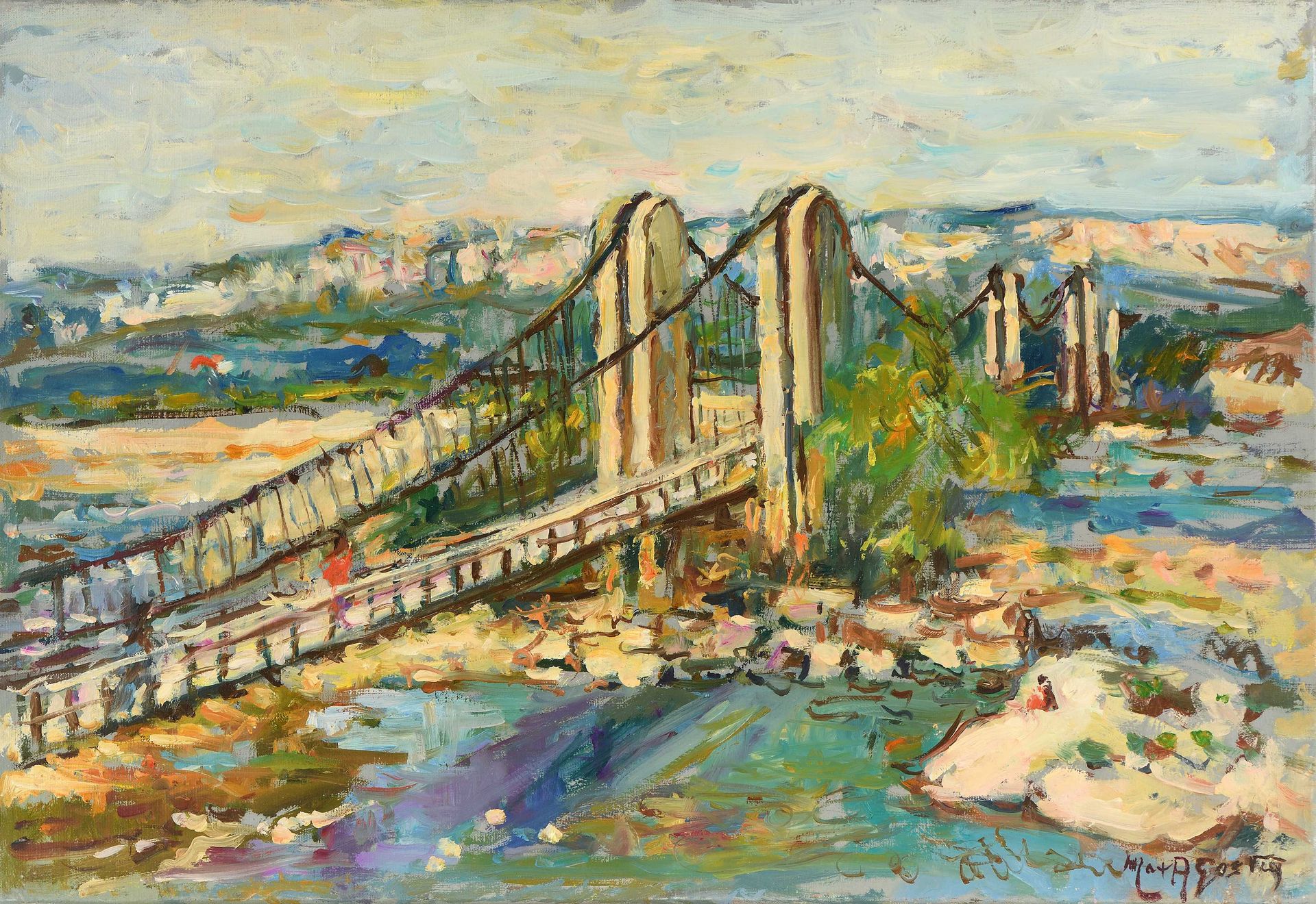 Null Max AGOSTINI (1914-1997) Bridge on the Durance River Oil on canvas. Signed &hellip;
