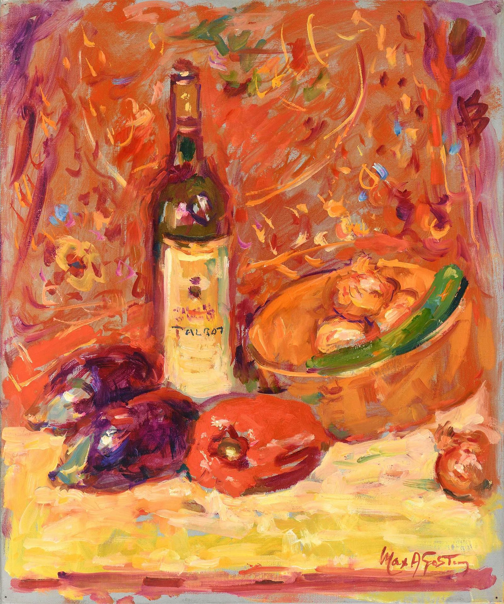 Null Max AGOSTINI (1914-1997) 静物：辣椒和一瓶Talbot酒 布面油画。右下方有签名。46 x 38 cm (412)
