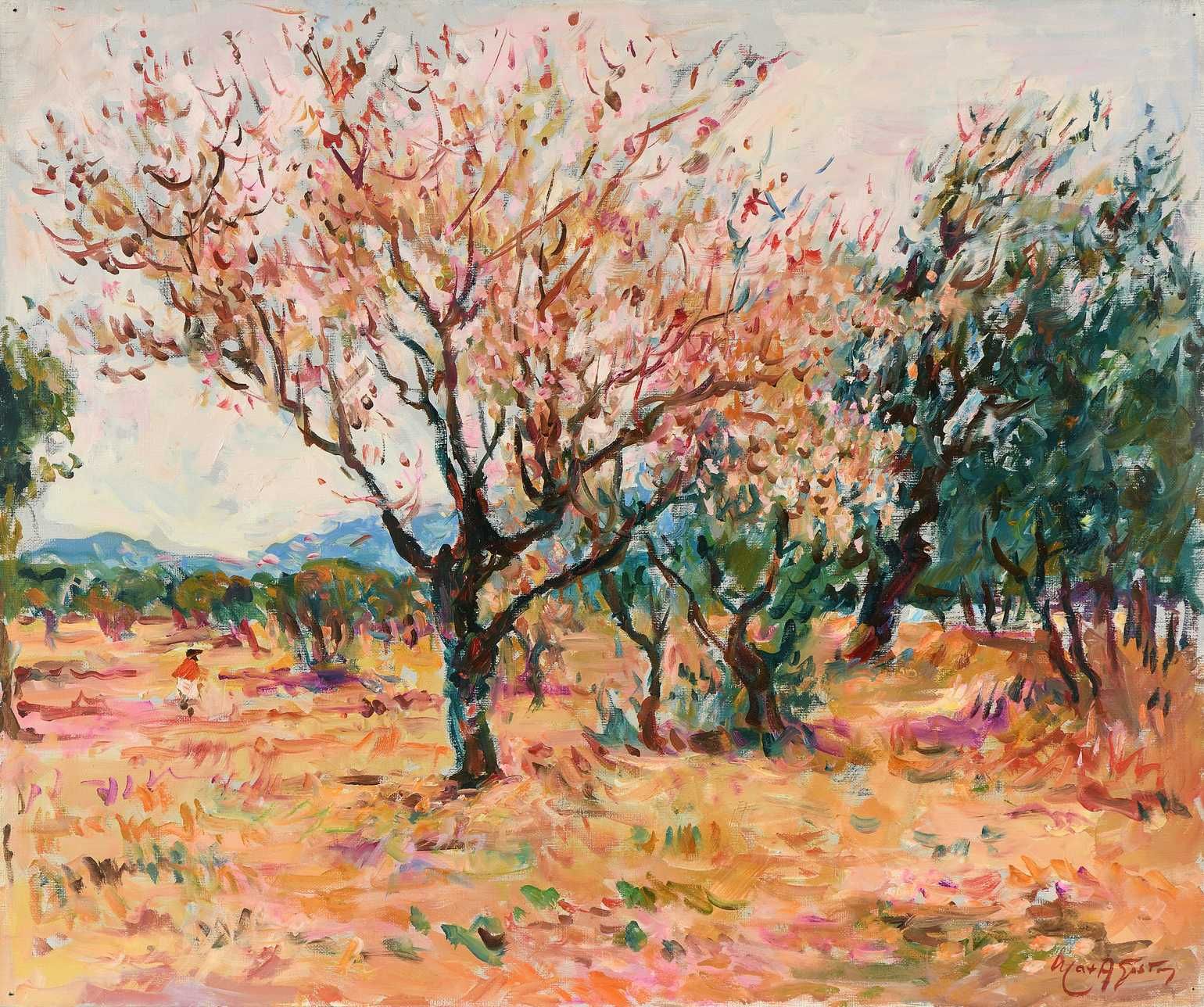Null Max AGOSTINI (1914-1997) 普罗旺斯开花的杏仁树 布面油画。右下方有签名。54 x 65 cm (E197)