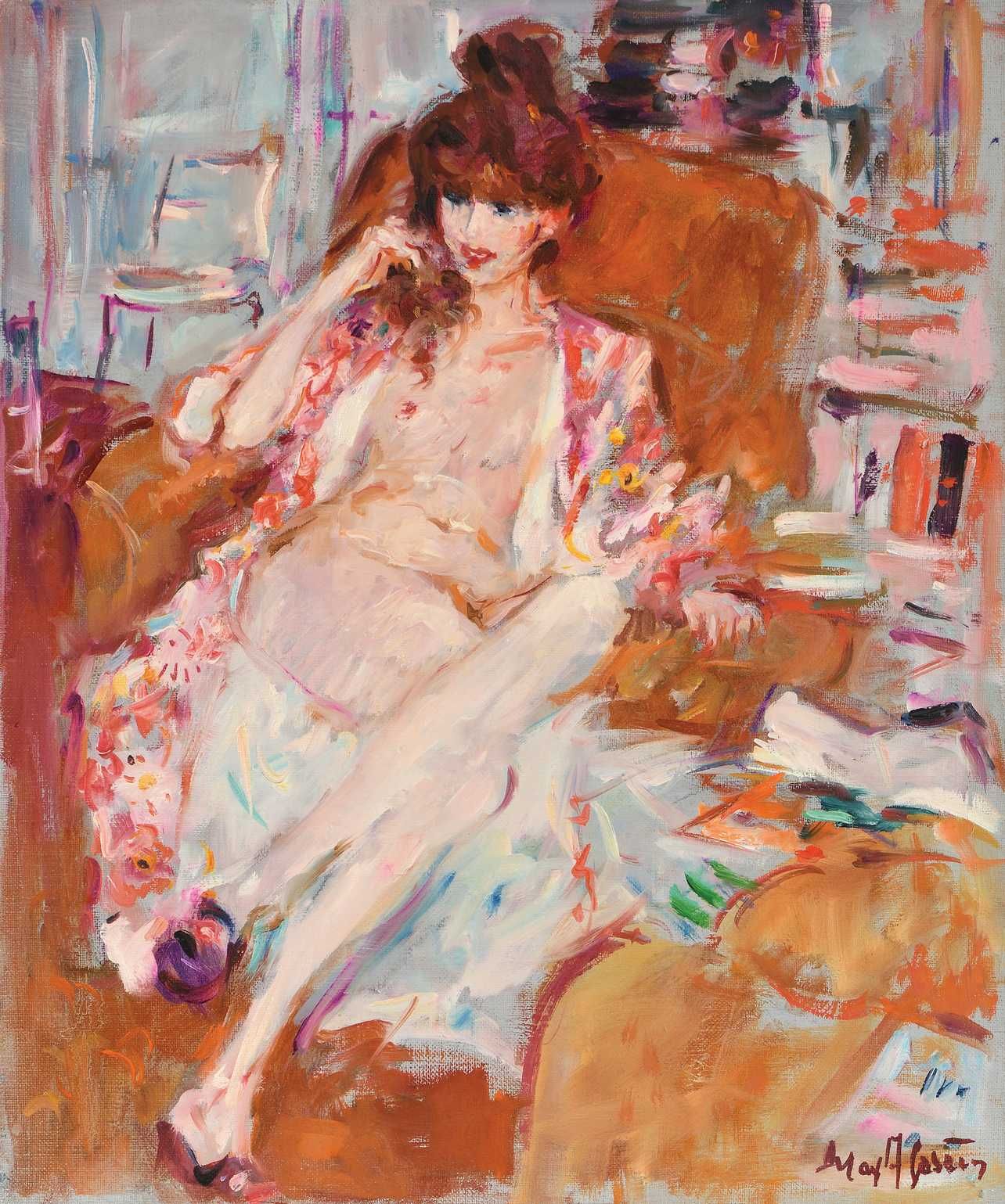 Null Max AGOSTINI (1914-1997) 穿着和服的珍妮特坐在扶手椅上 布上油画。右下方有签名。55 x 46 cm (C584)