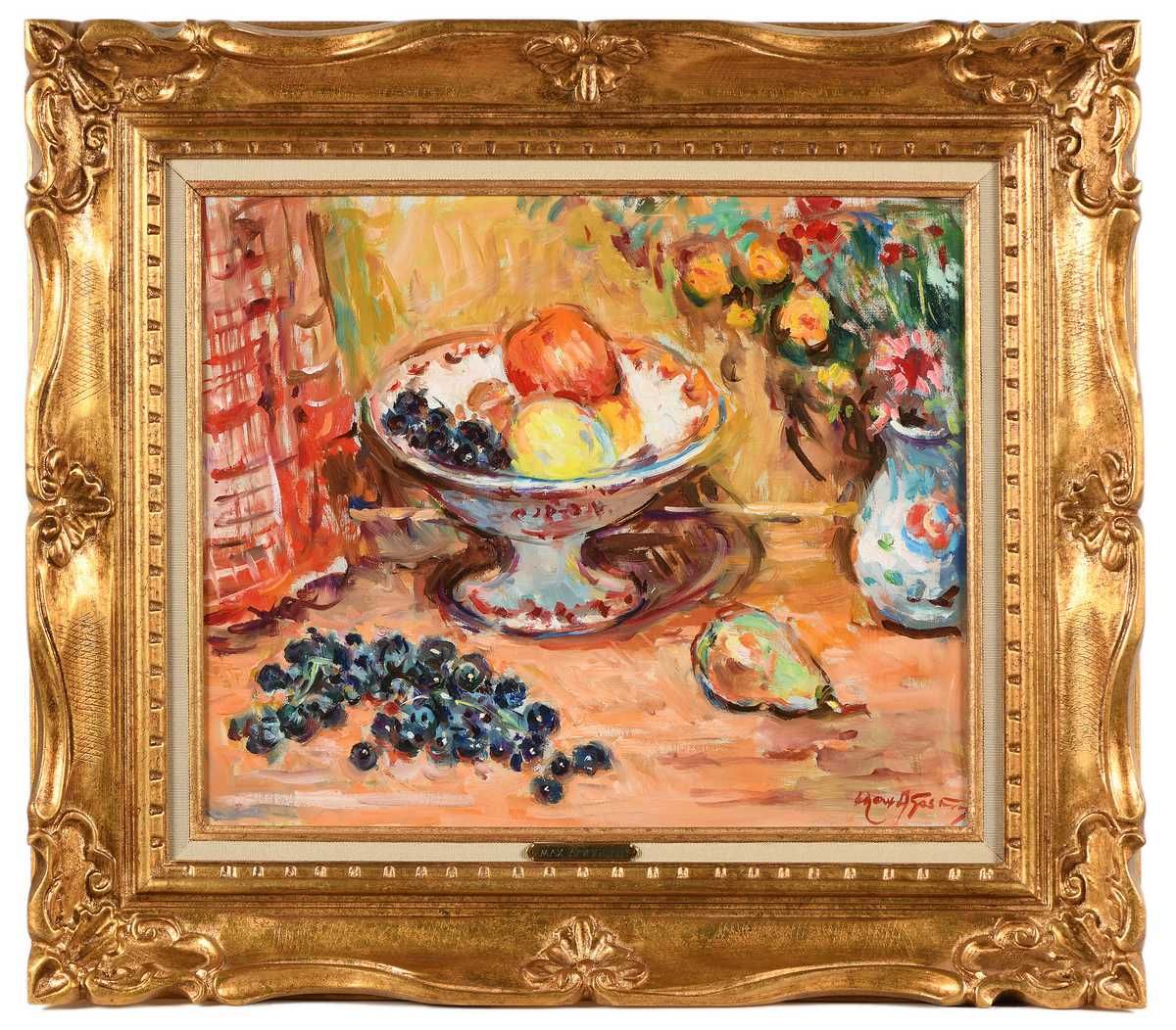 Null Max AGOSTINI (1914-1997) Vase of flowers and fruit bowl Oil on canvas. Sign&hellip;