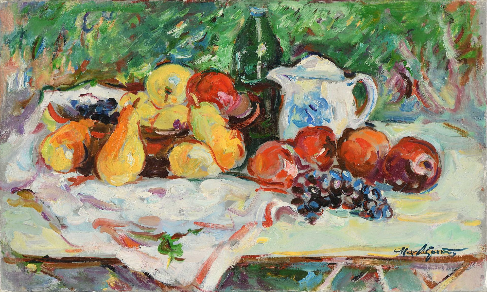 Null Max AGOSTINI (1914-1997) 茶壶和梨子的静物画 布面油画。右下方有签名。33 x 55 cm (A31)