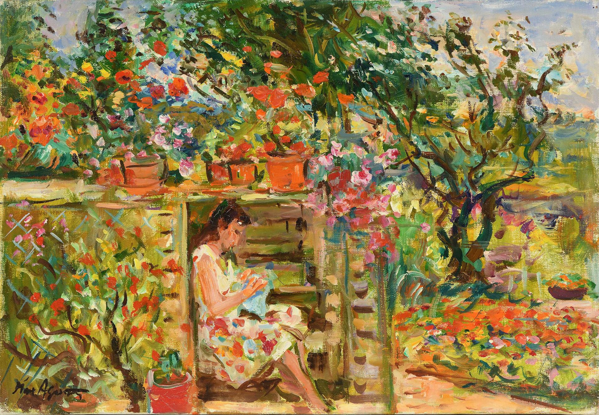Null Max AGOSTINI (1914-1997) 坐在Argentière-sur-Creuse花园楼梯上的年轻女子 布面油画。左下方有签名。38 x&hellip;