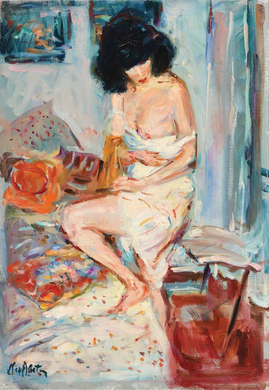 Null Max AGOSTINI (1914-1997) Janet con un pie en la cama Óleo sobre lienzo. Fir&hellip;