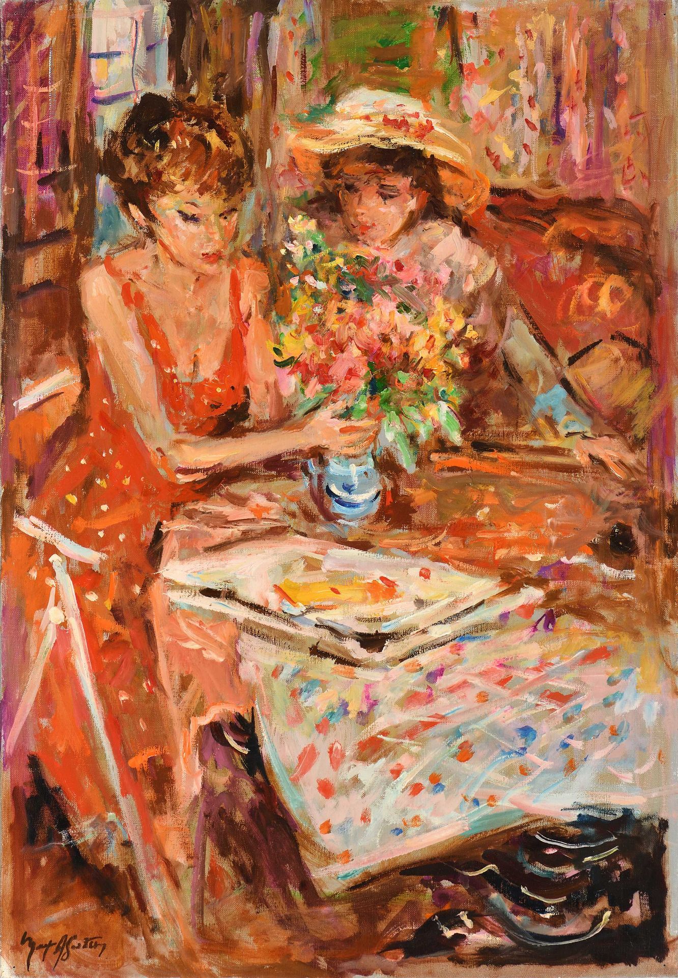 Null Max AGOSTINI (1914-1997) Two young women arranging a bouquet of flowers Oil&hellip;