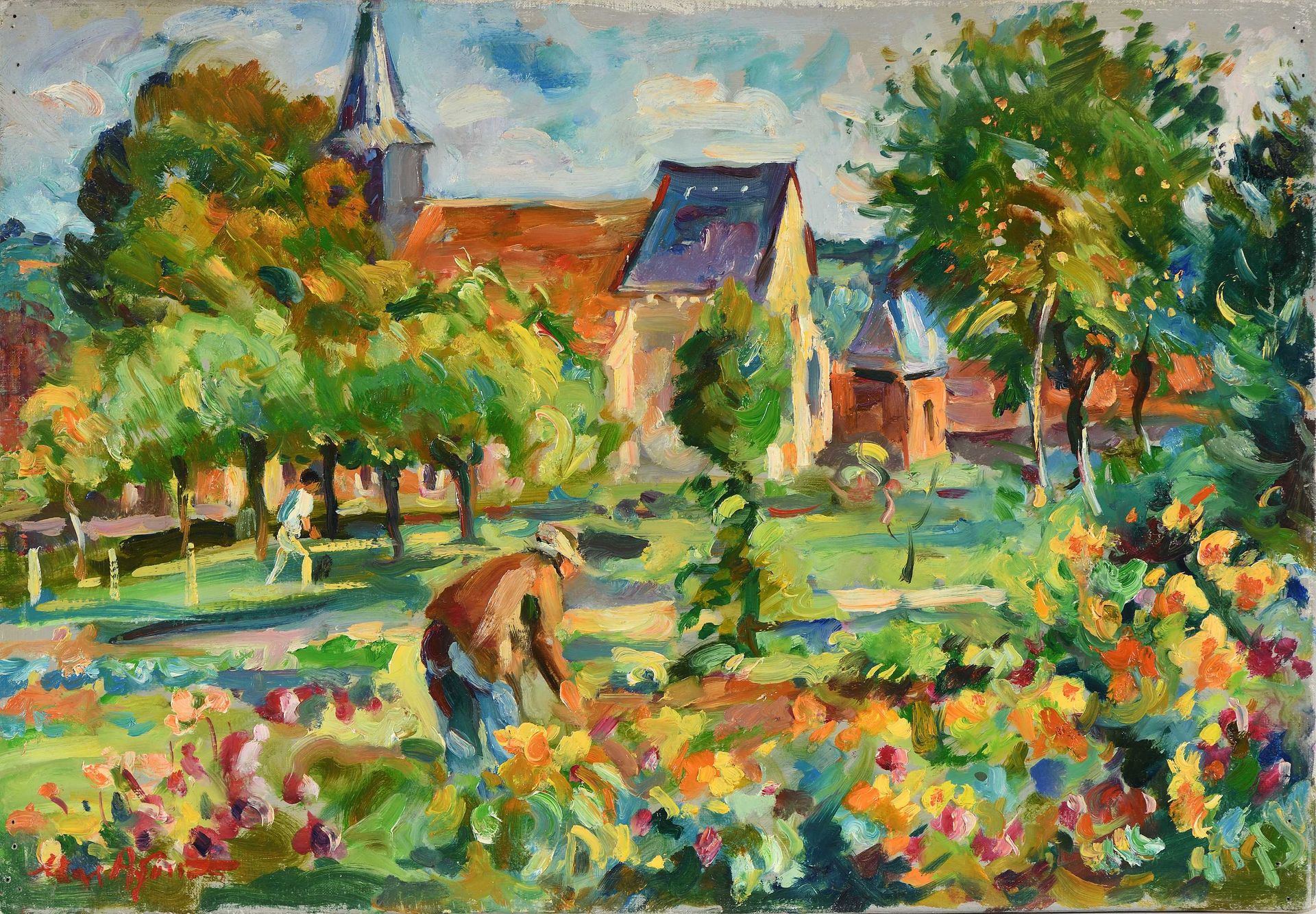 Null Max AGOSTINI (1914-1997) Le jardinier devant l église Huile sur toile. Sign&hellip;