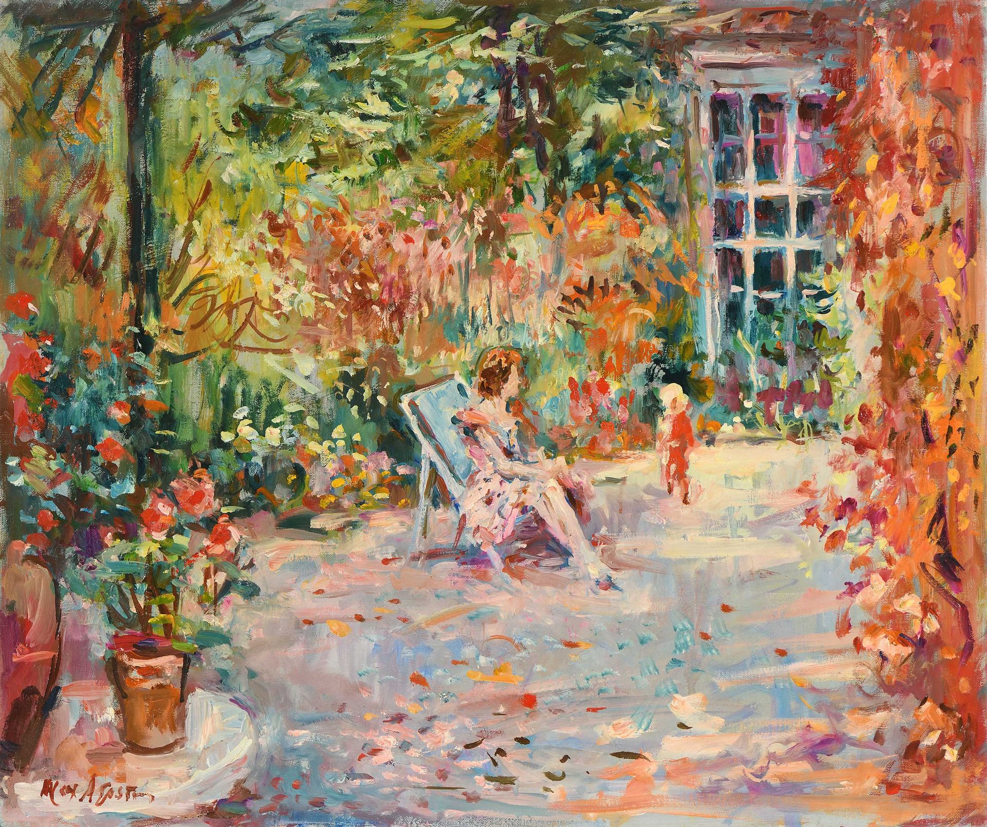Null Max AGOSTINI (1914-1997) Madre e hijo en el patio florido Óleo sobre lienzo&hellip;