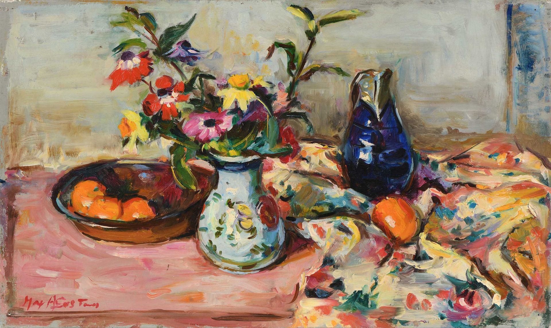 Null Max AGOSTINI (1914-1997) Nature morte au bouquet de fleurs et à la carafe b&hellip;