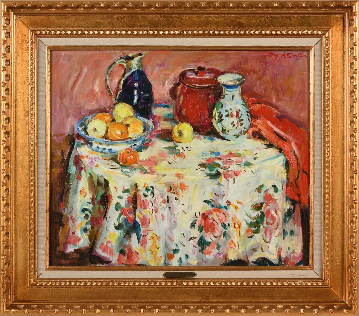 Null Max AGOSTINI (1914-1997) Still life with apples on the flowered tablecloth &hellip;
