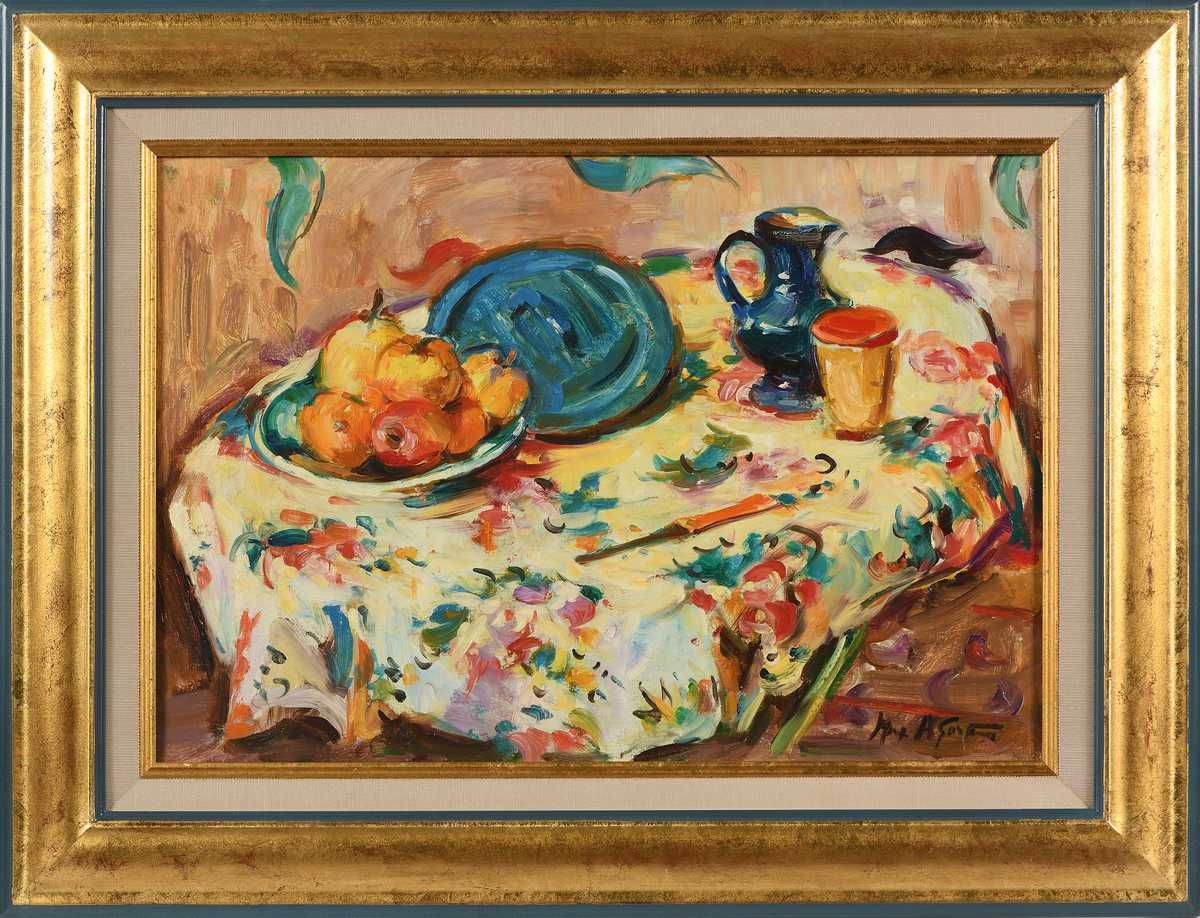 Null Max AGOSTINI (1914-1997) Still life with apples and a flowery nape Oil on c&hellip;