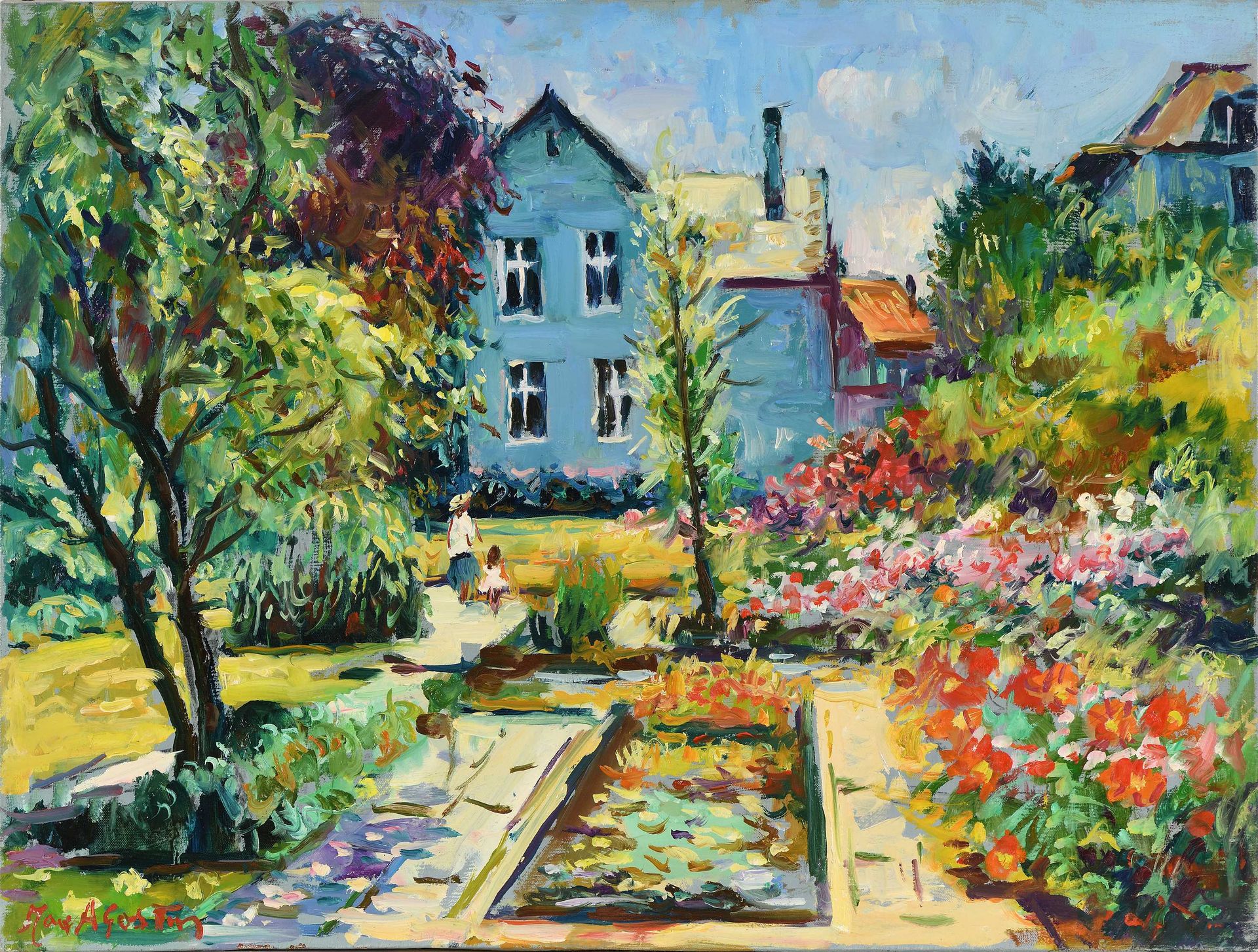 Null Max AGOSTINI (1914-1997) 蓝色房子前的花圃 布面油画。左下方有签名。46 x 61 cm (C112)