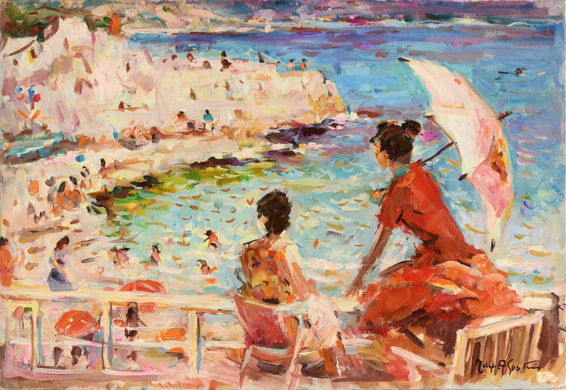 Null Max AGOSTINI (1914-1997) Two women on the terrace in Cassis Oil on canvas. &hellip;