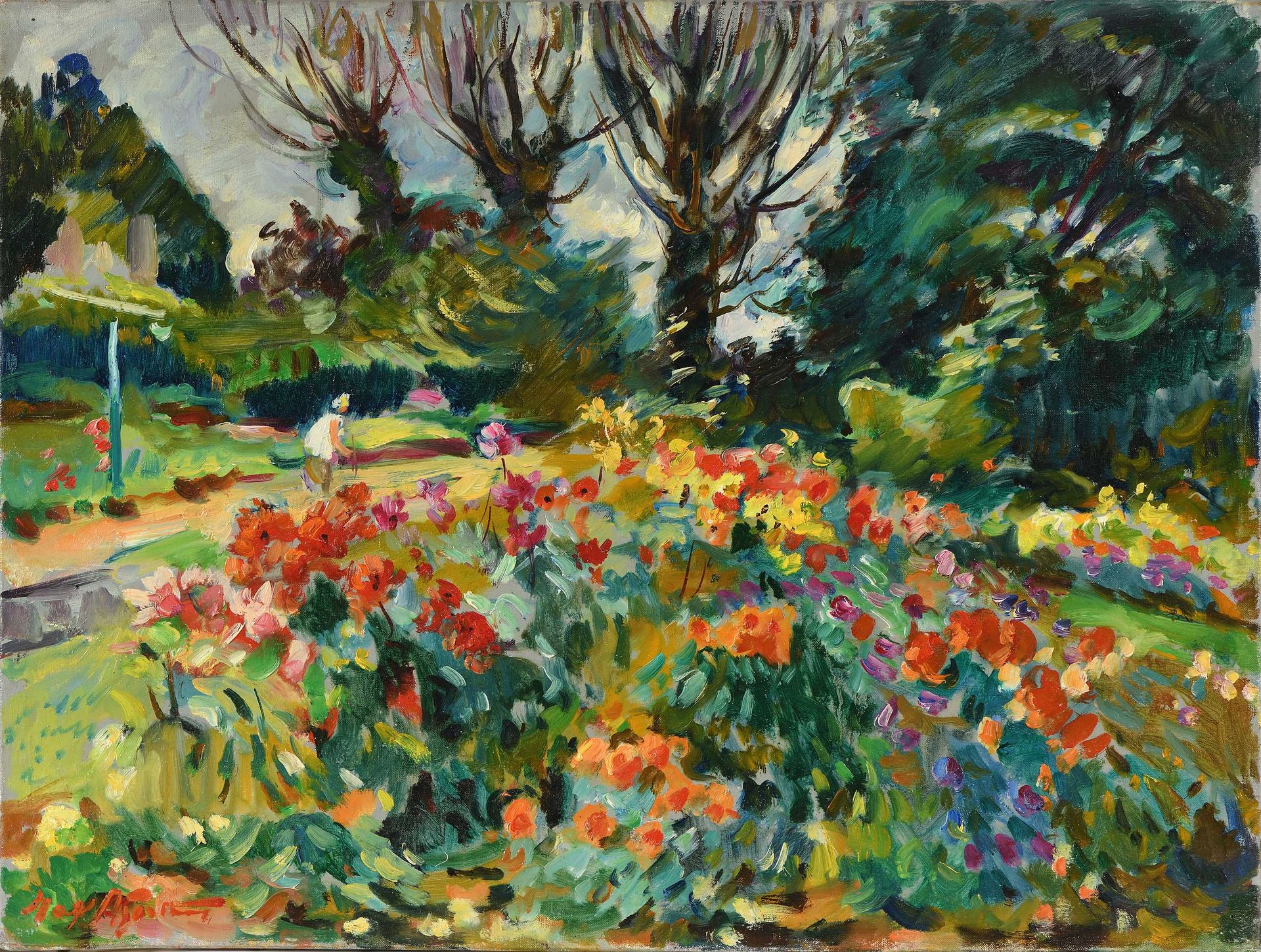 Null Max AGOSTINI (1914-1997) Passeggino vicino a un campo di fiori Olio su tela&hellip;