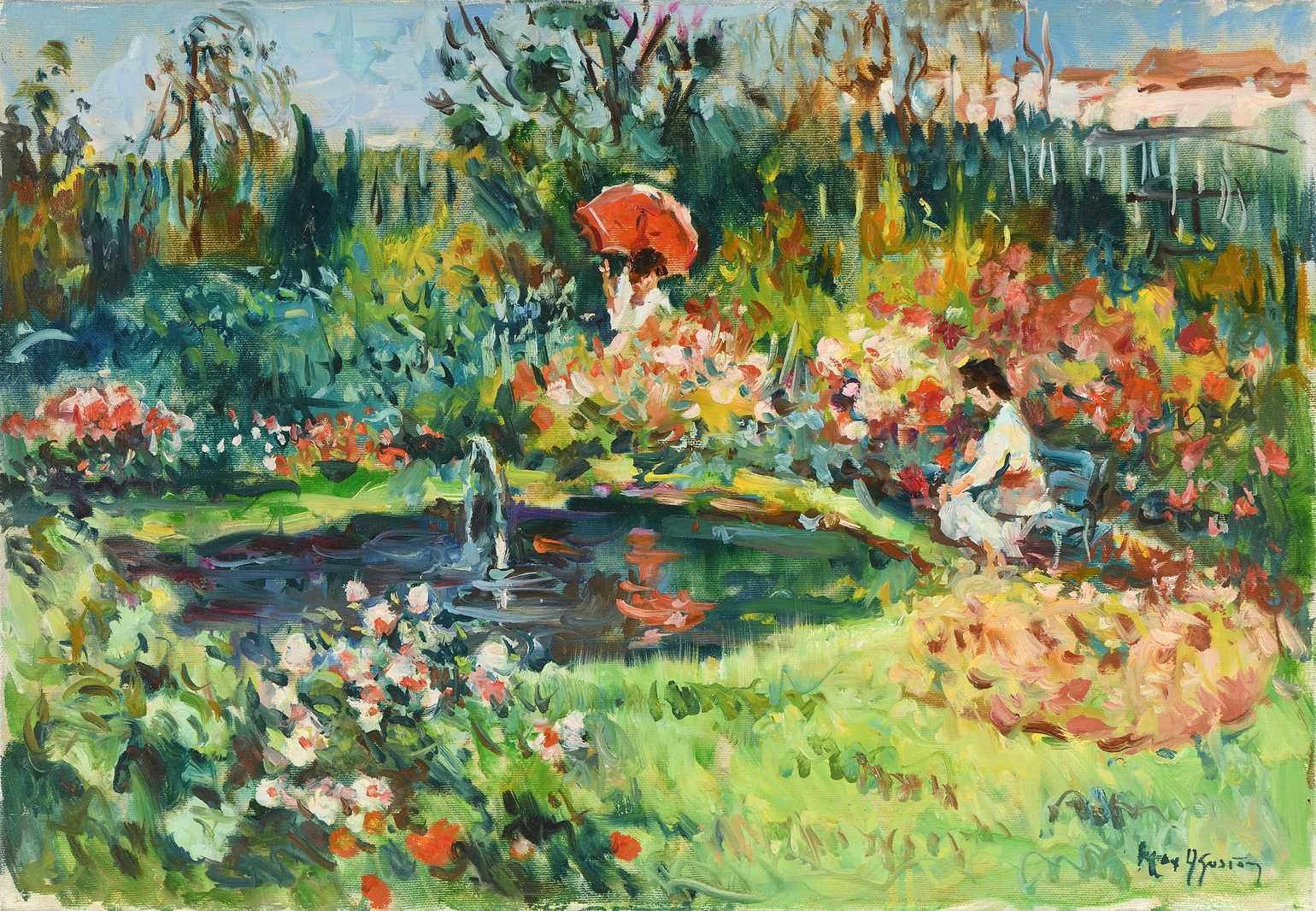 Null Max AGOSTINI (1914-1997) Au bord du bassin fleuri Huile sur toile. Signée e&hellip;