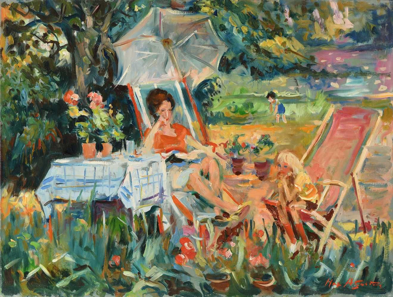 Null Max AGOSTINI (1914-1997) 母亲和孩子在花园的躺椅上 布上油画。右下方有签名。46 x 61 cm (A909)