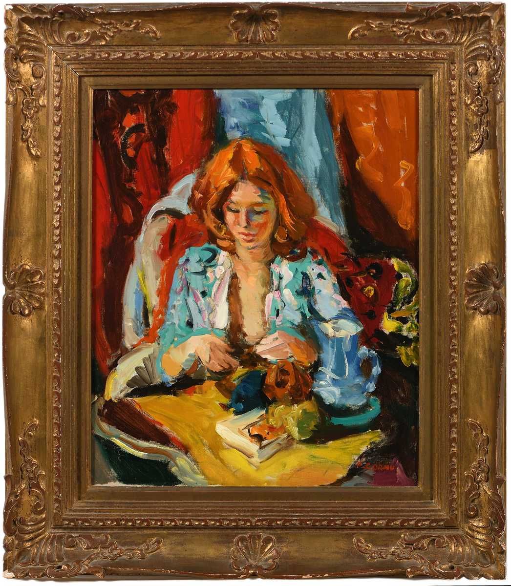 Null Pierre CORNU (1895-1996) Janet au rideau rouge Huile sur toile signée en ba&hellip;