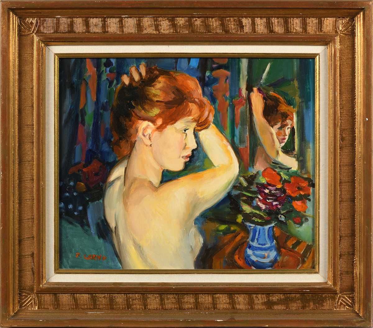 Null Pierre CORNU (1895-1996) Janet doing her hair in front of a mirror Oil on c&hellip;