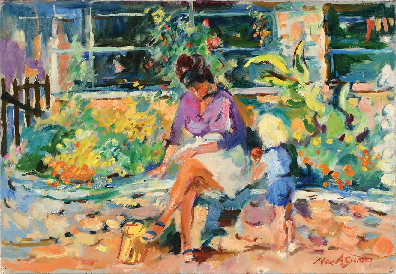 Null Max AGOSTINI (1914-1997) Mutter und Kind sitzen auf der Gartenmauer Öl auf &hellip;