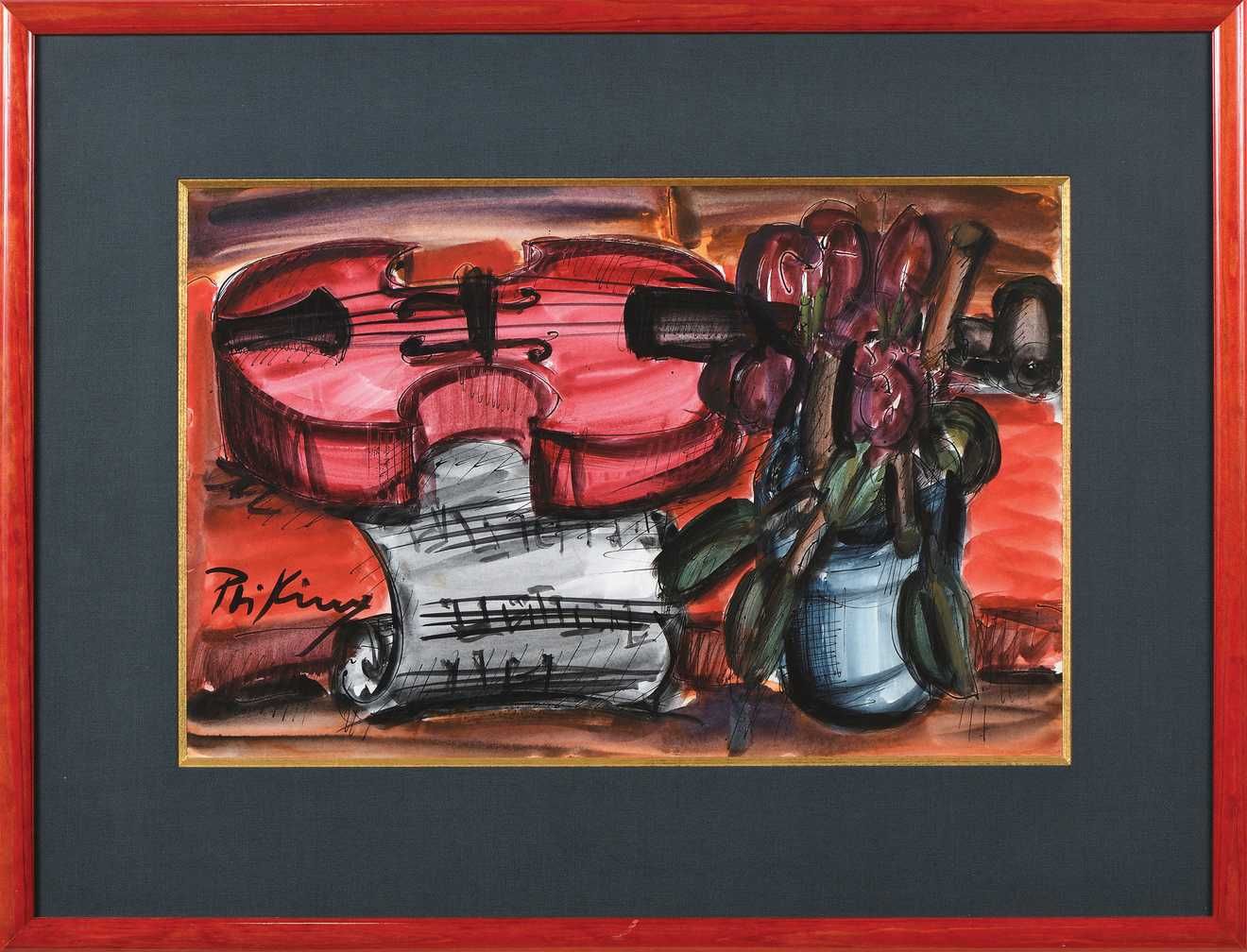 Null Franz PRIKING (1929-1979) Nature morte au violon Aquarelle sur papier Signé&hellip;