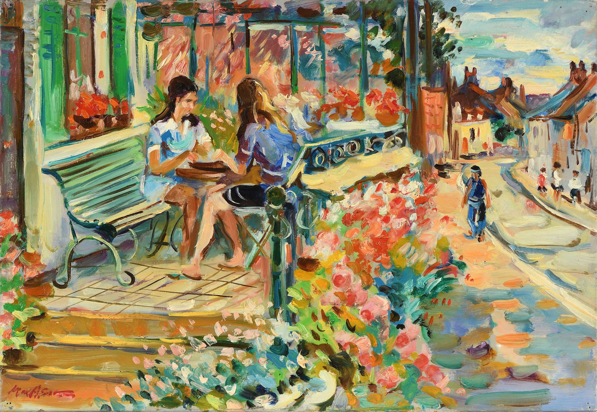 Null Max AGOSTINI (1914-1997) 阳台上的两个年轻女孩 布面油画。左下方有签名。38 x 55 cm (A315)