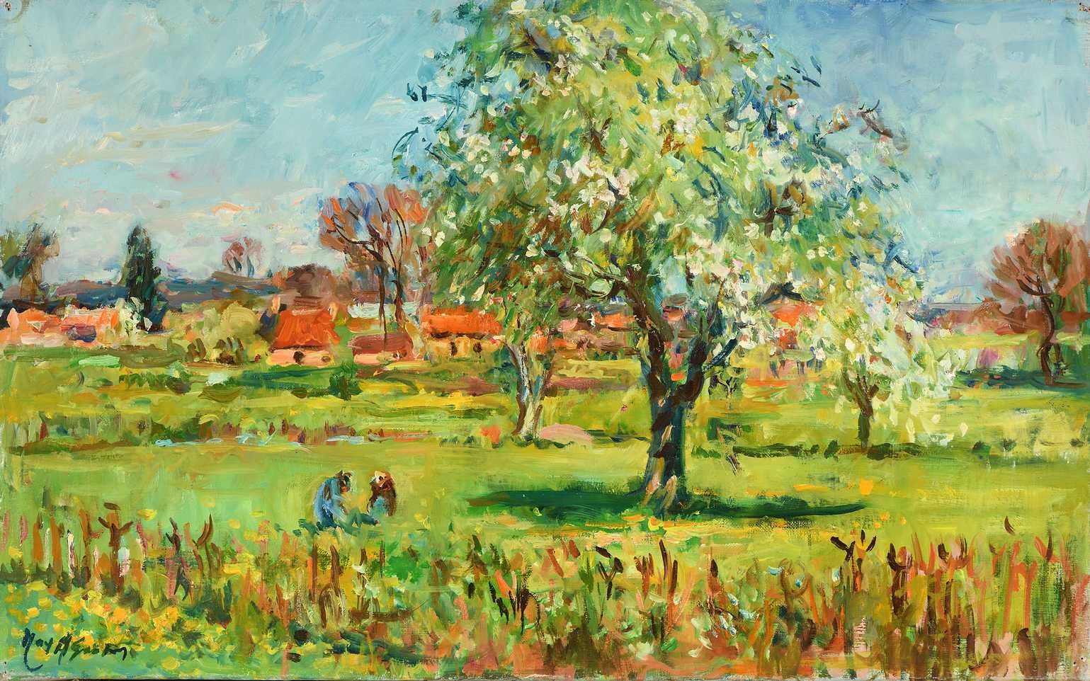 Null Max AGOSTINI (1914-1997) 乡下的情侣，Berry 布上油画。左下方有签名。38 x 61 cm (D211)