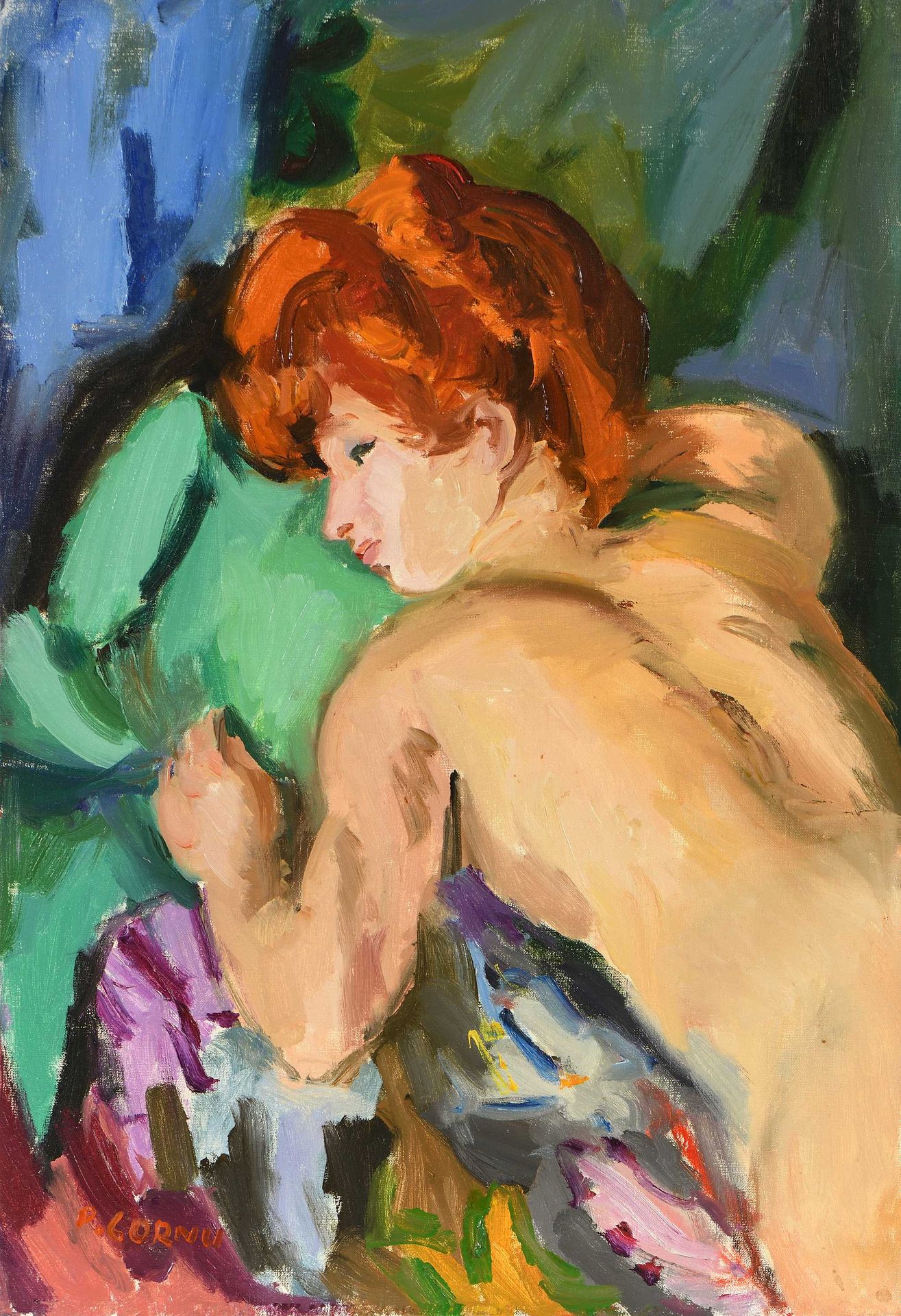 Null Pierre CORNU (1895-1996) Retrato desnudo de Janet sobre una manta verde Óle&hellip;