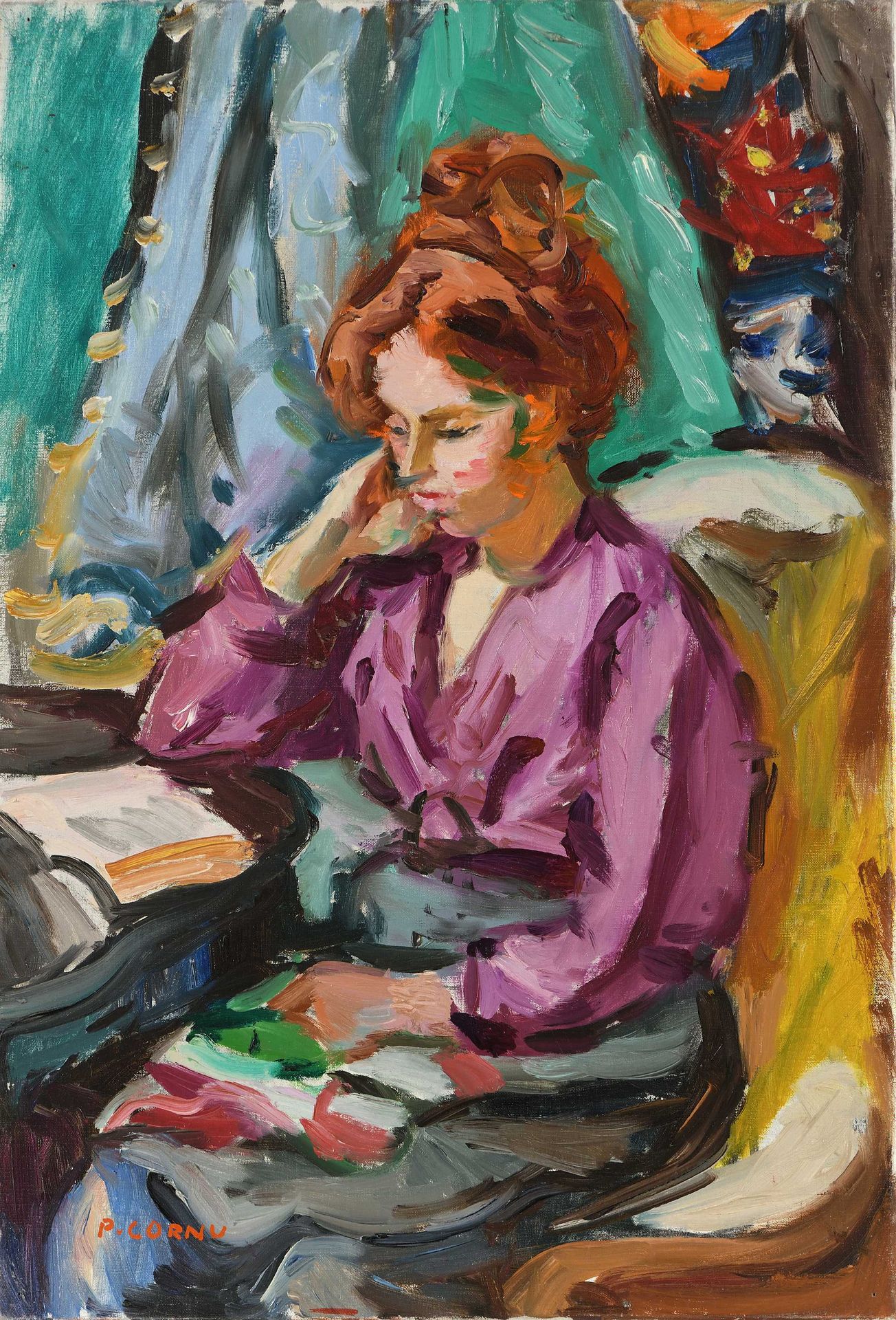 Null Pierre CORNU (1895-1996) Portrait de Janet à la blouse violette Öl auf Lein&hellip;