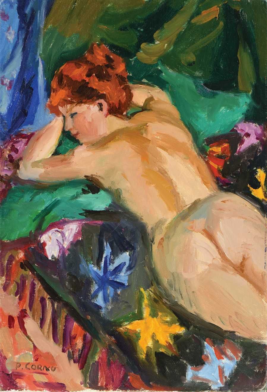 Null Pierre CORNU (1895-1996) 躺在毯子上的珍妮特裸体肖像 布面油画。左下方有签名。55 x 38 cm (C178)