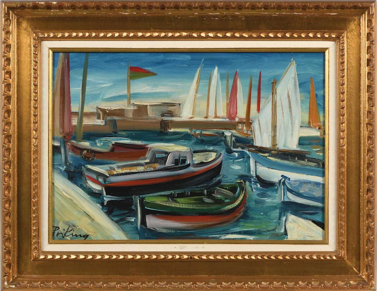 Null Franz PRIKING (1929-1979) 码头上的帆船和小船 布面油画，左下角有签名。38 x 55 cm (B385) (框架)