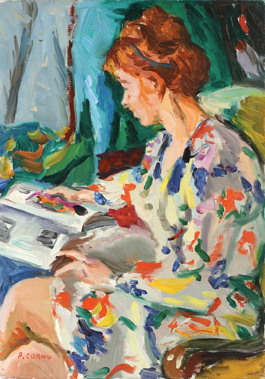 Null Pierre CORNU (1895-1996)Janet的肖像，不穿衣服的阅读 布面油画。左下方有签名。46 x 33 cm (B848)