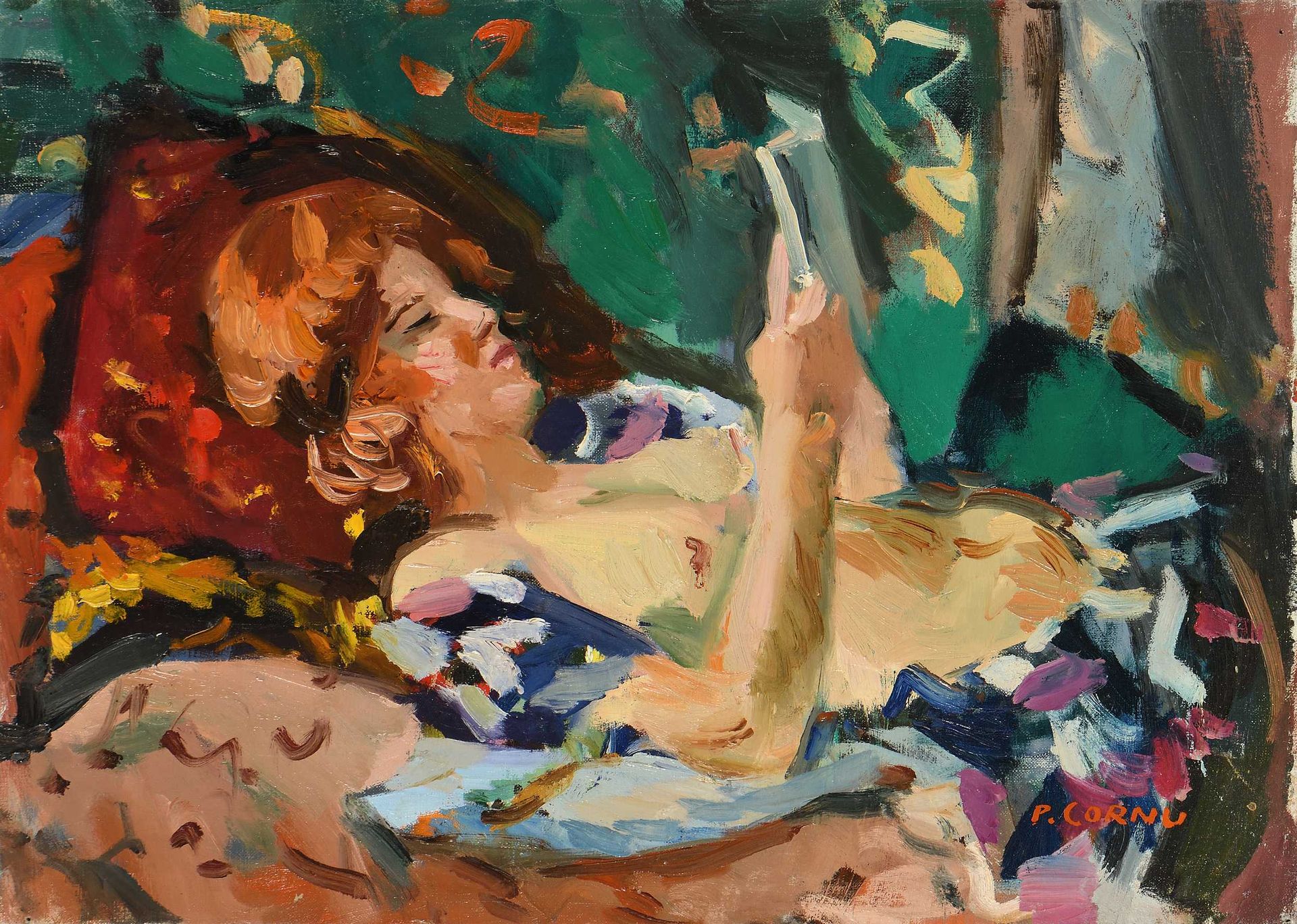 Null Pierre CORNU (1895-1996) Retrato de Janet tumbada leyendo Óleo sobre lienzo&hellip;