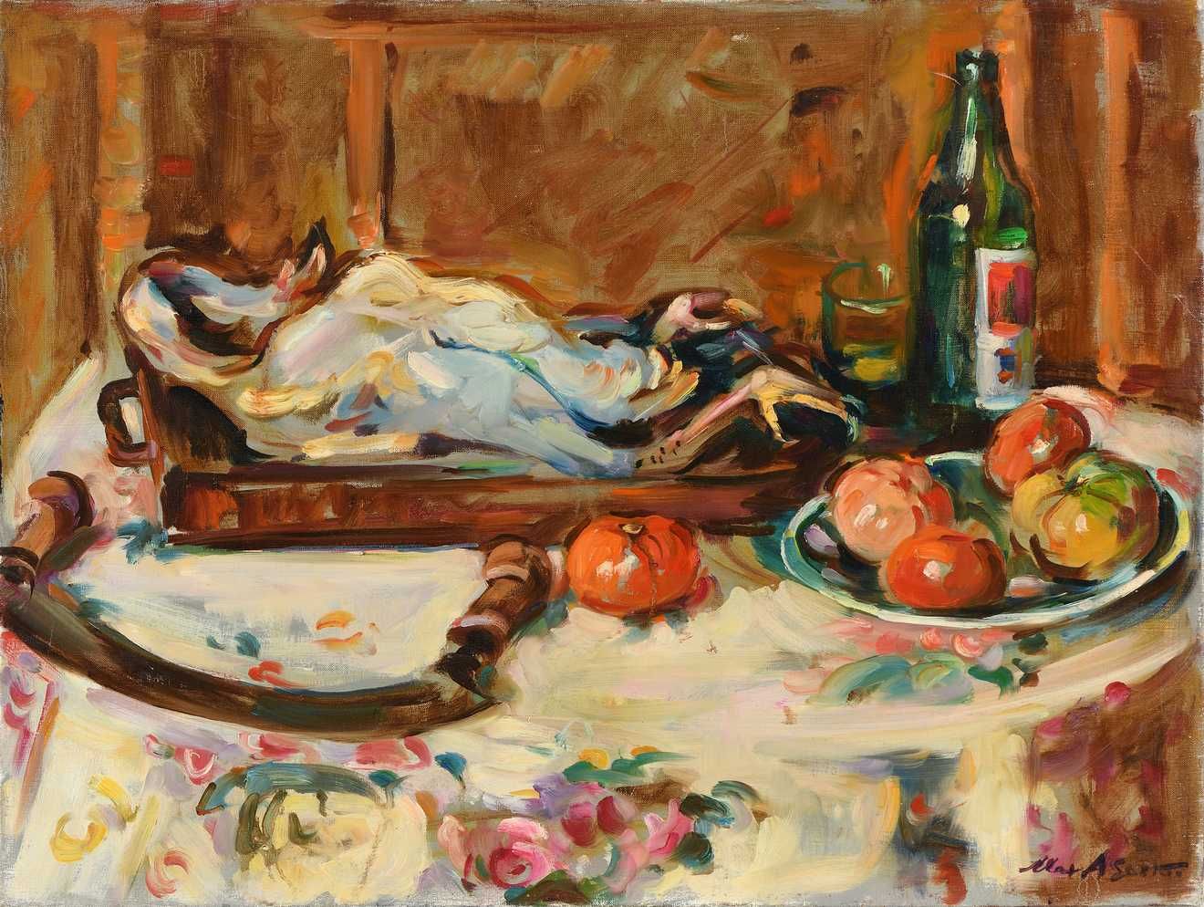 Null Max AGOSTINI (1914-1997) 静物，一瓶酒和一只鸡 布面油画。右下方有签名。46 x 61 cm (804)
