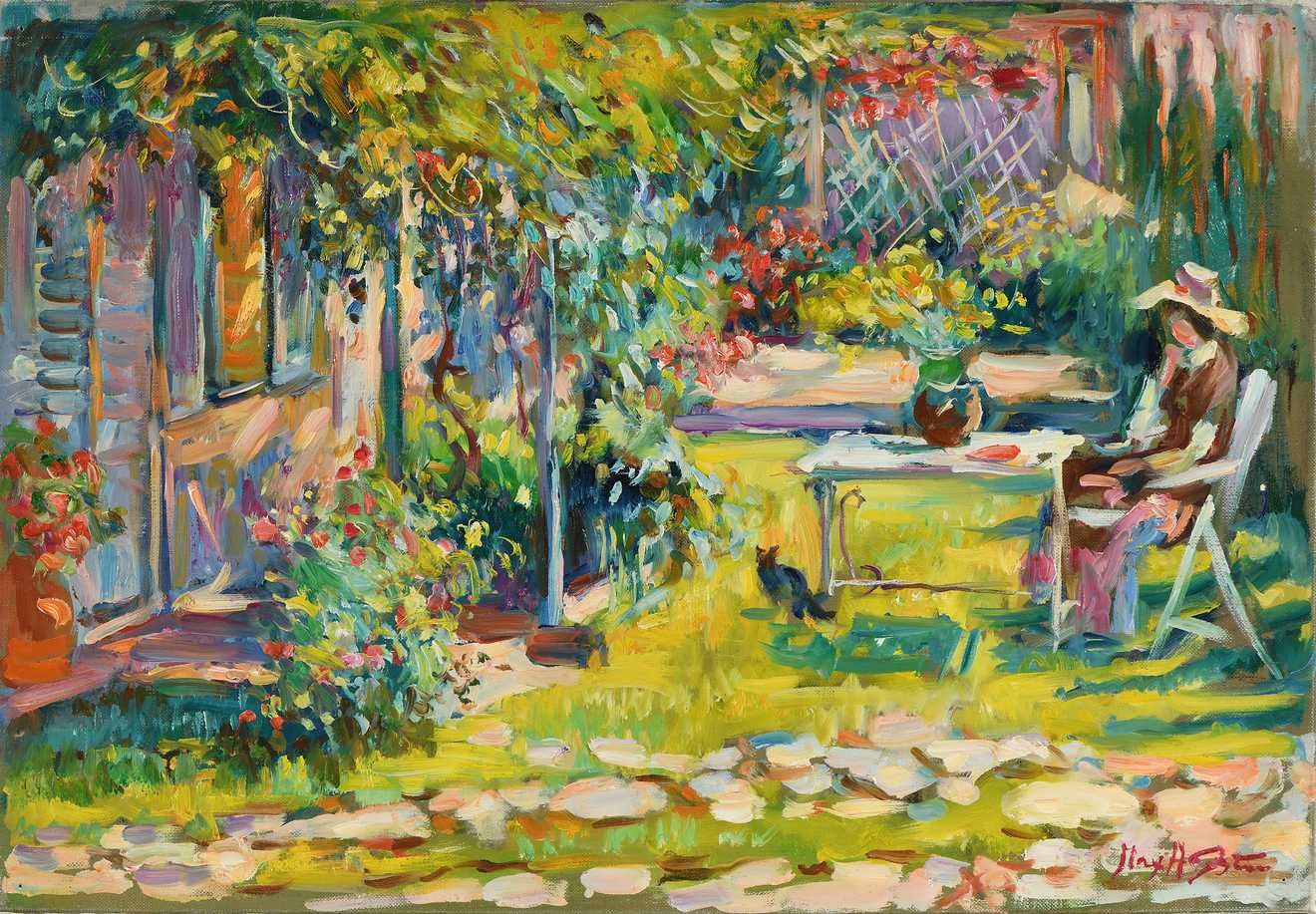 Null Max AGOSTINI (1914-1997) 坐在葡萄园前的花园里的年轻女子 布面油画。右下方有签名。38 x 55 cm (B757)