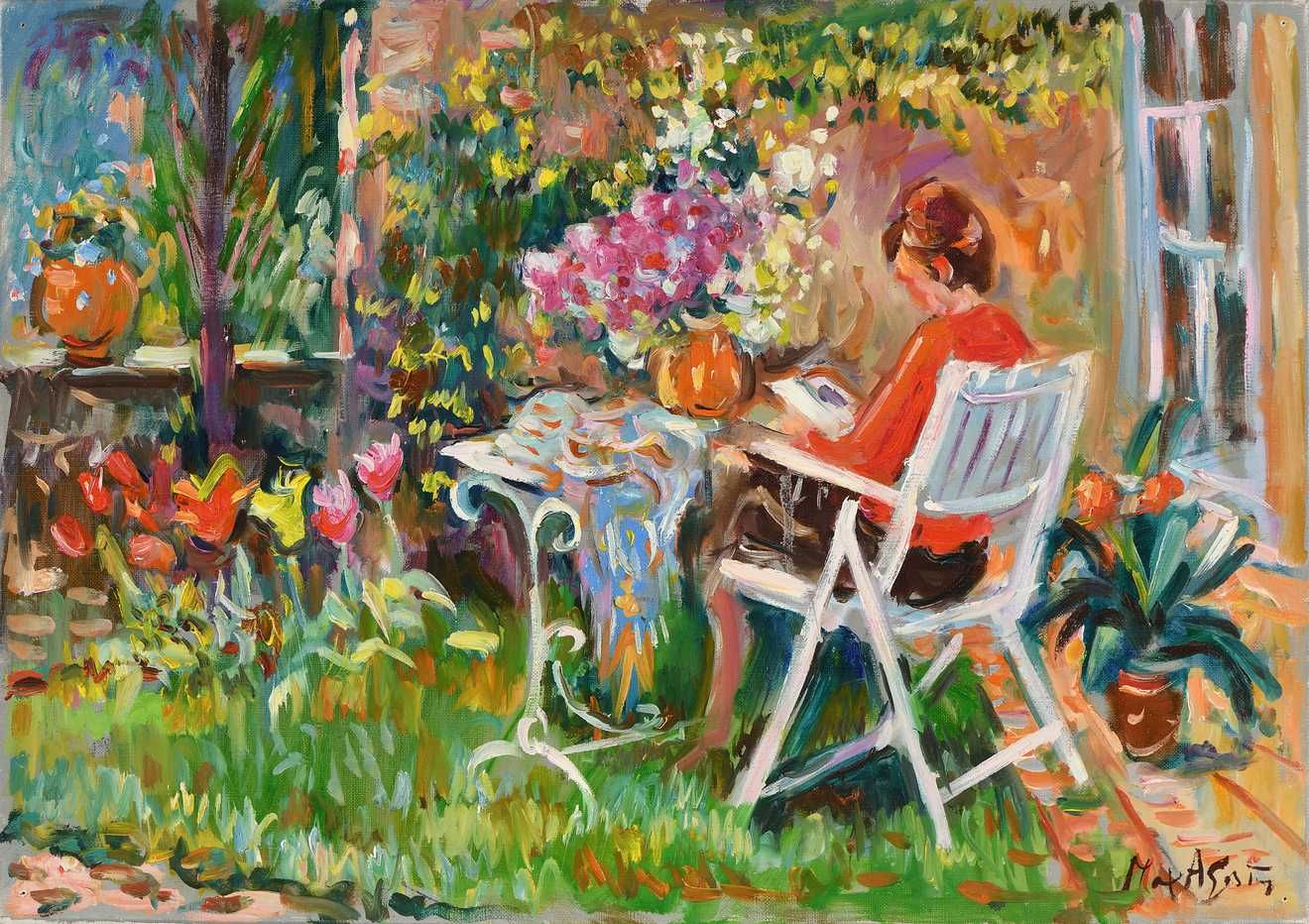 Null Max AGOSTINI (1914-1997) Reading in the garden Oil on canvas. Signed lower &hellip;