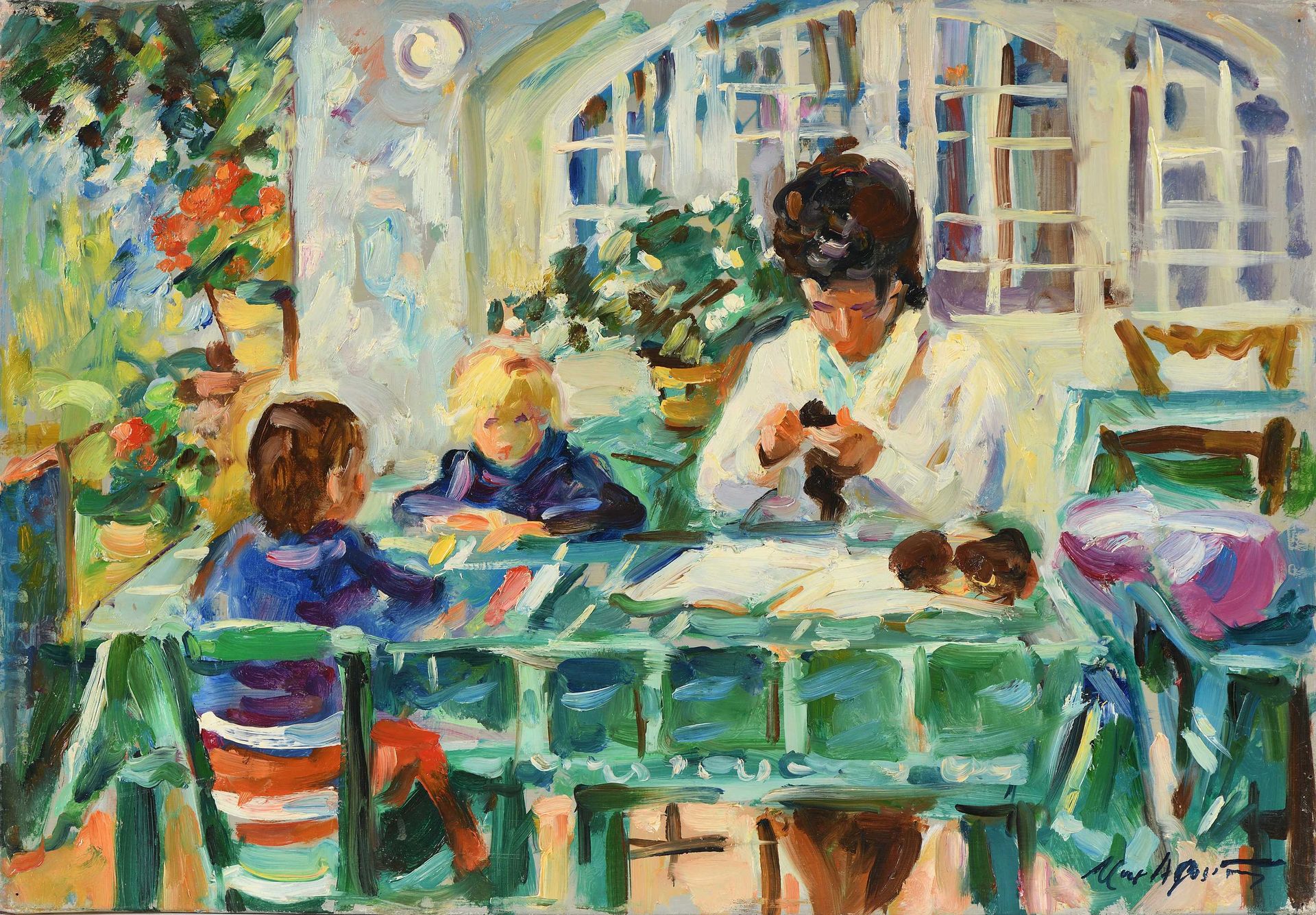 Null Max AGOSTINI (1914-1997) 年轻女人和她的孩子们坐在花园里 布面油画。右下方有签名。38 x 55 cm (A320)