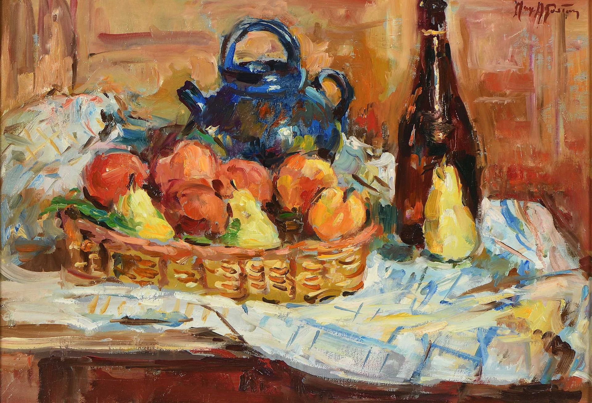 Null Max AGOSTINI (1914-1997) Still life with a blue teapot and a basket of appl&hellip;