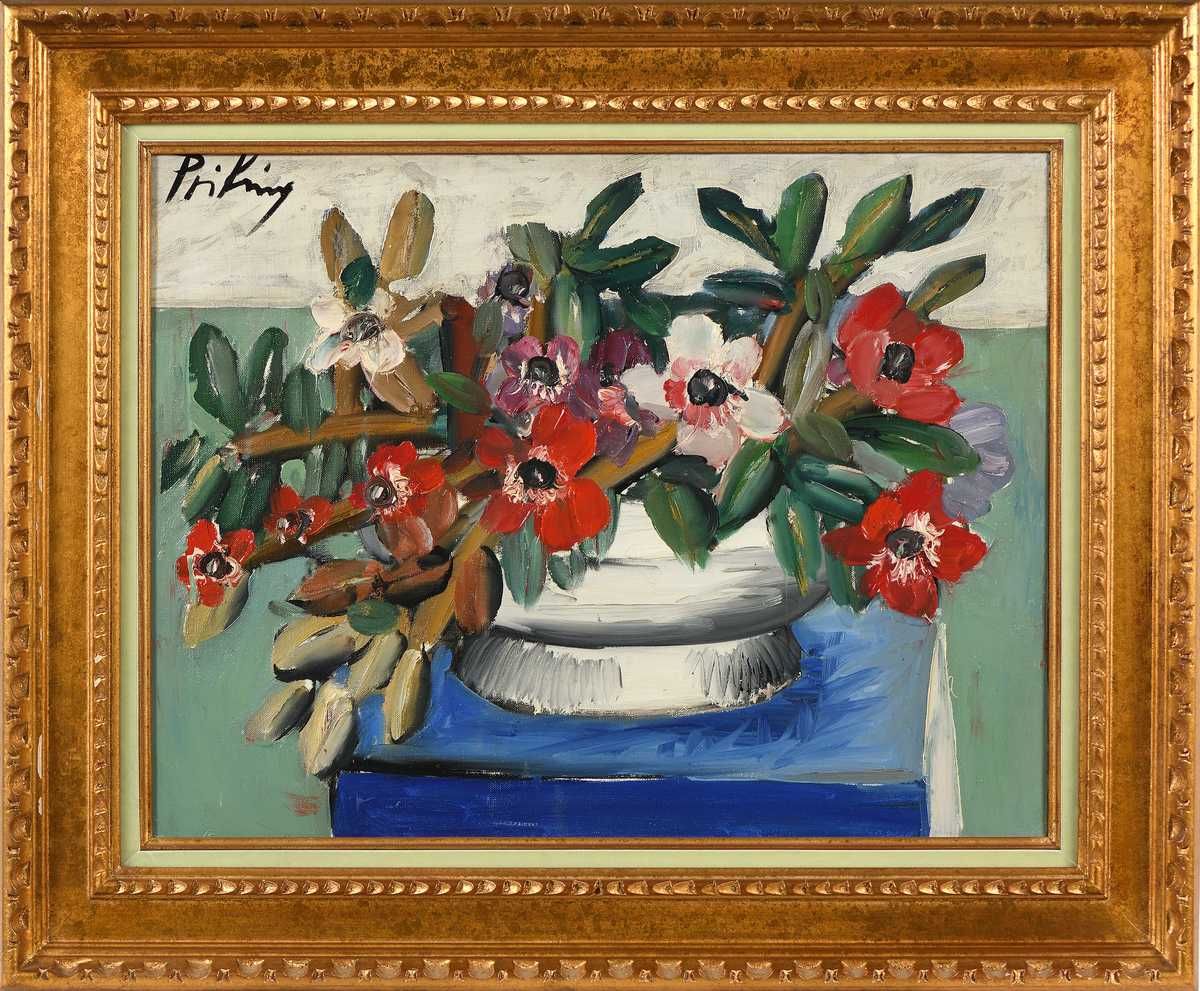 Null Franz PRIKING (1929-1979) Die Vase mit Anemonen Öl auf Leinwand, oben links&hellip;