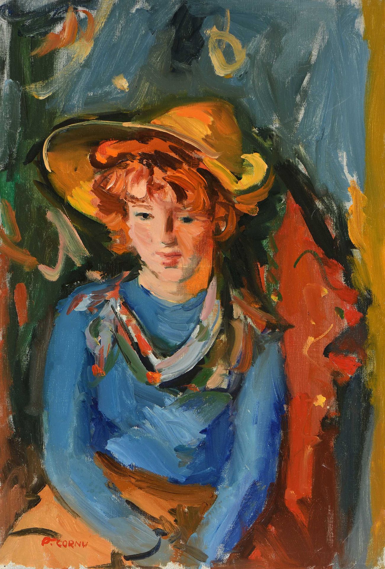 Null Pierre CORNU (1895-1996) Portrait of Janet with a straw hat and a blue swea&hellip;