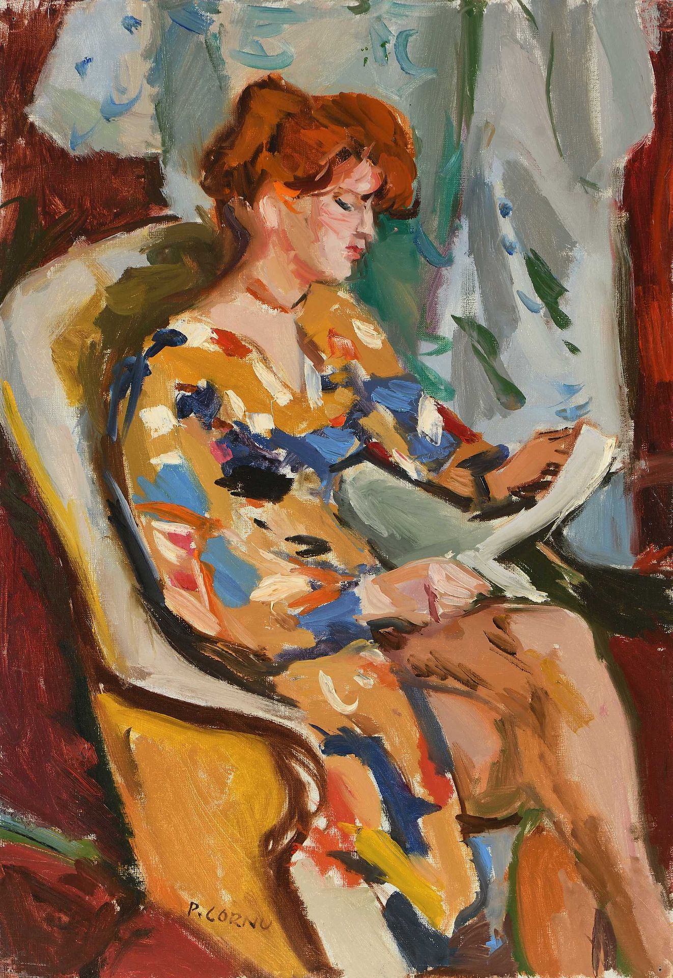 Null Pierre CORNU (1895-1996) Portrait of Janet reading Oil on canvas. Signed lo&hellip;