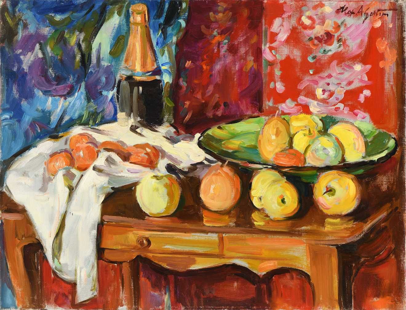 Null Max AGOSTINI (1914-1997) 静物与香槟酒瓶 布面油画。右上方有签名。46 x 61 cm (714)