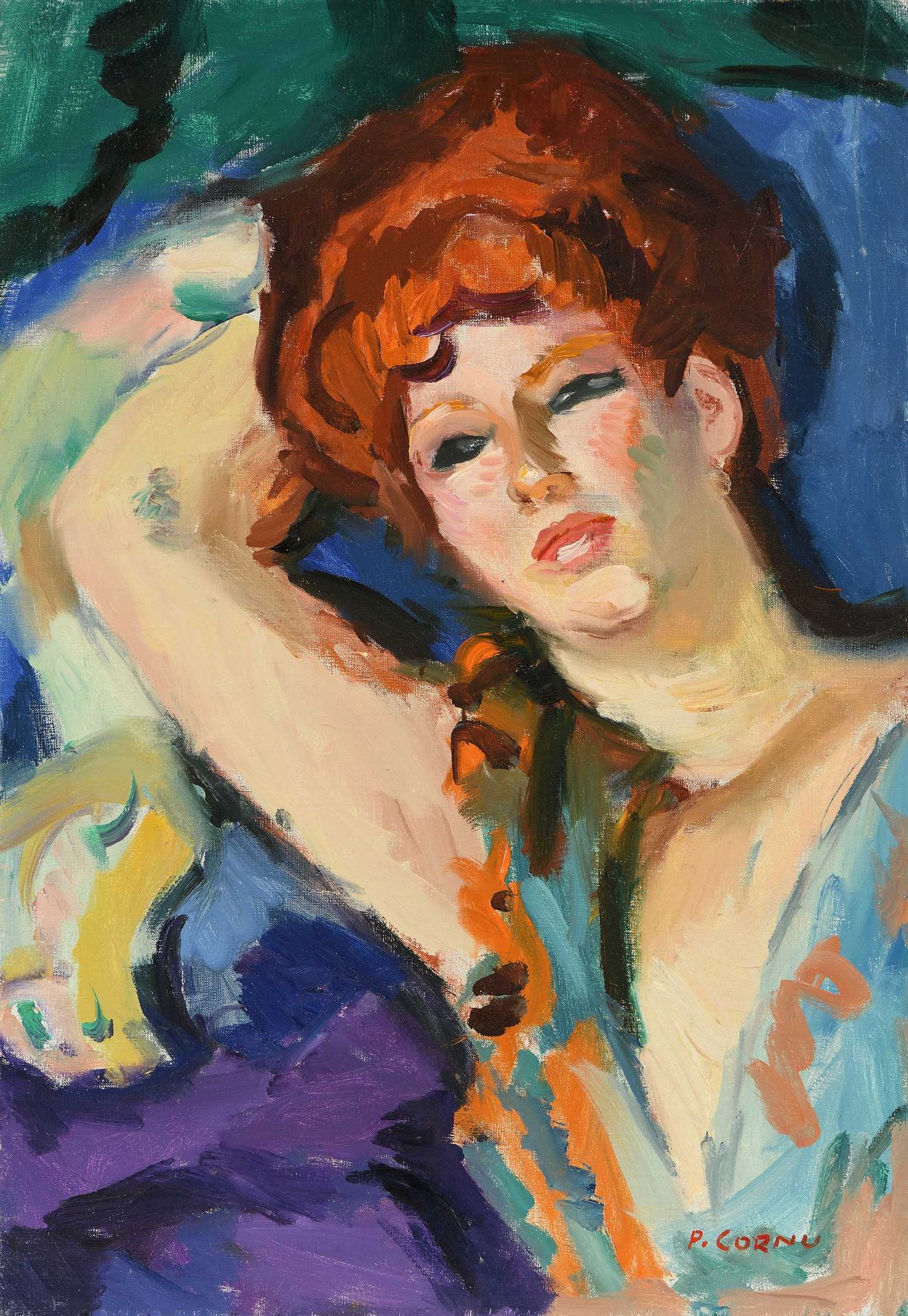 Null Pierre CORNU (1895-1996) Janet沉思的肖像，一只手放在脑后 布面油画。右下方有签名。55 x 38 cm (C182)