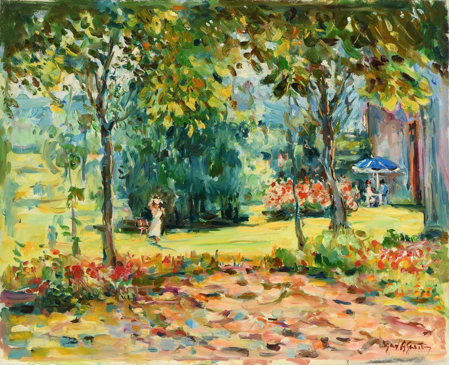 Null Max AGOSTINI (1914-1997) The blue parasol in the park Oil on canvas. Signed&hellip;