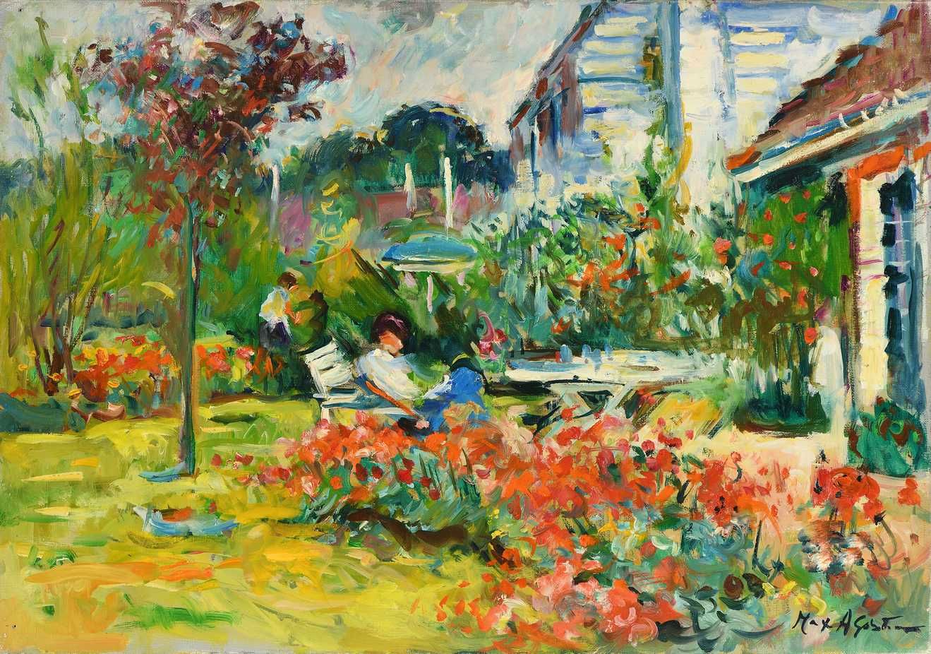 Null Max AGOSTINI (1914-1997) 在花园里读书，Gargilesse 布面油画。右下方有签名。38 x 55 cm (C480)