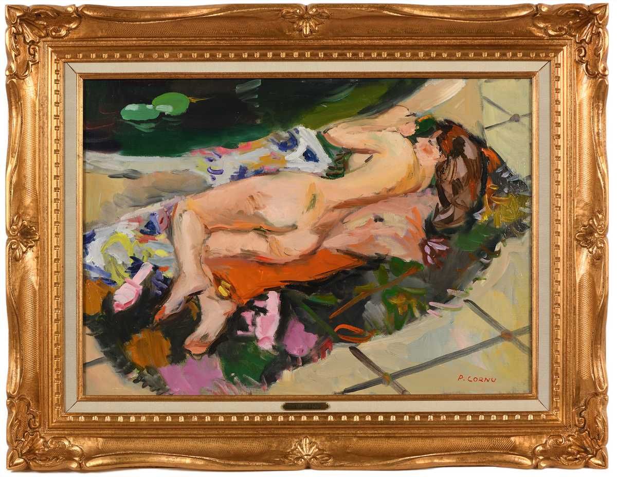 Null Pierre CORNU (1895-1996) 池塘边的裸体 布面油画。右下角有签名 46 x 65 cm (B195) (框架)