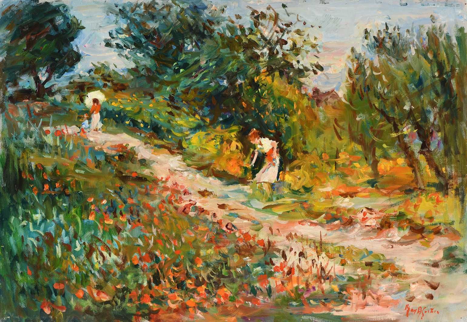 Null Max AGOSTINI (1914-1997) 在小路上采摘花朵 布面油画。右下方有签名。38 x 55 cm (C830)