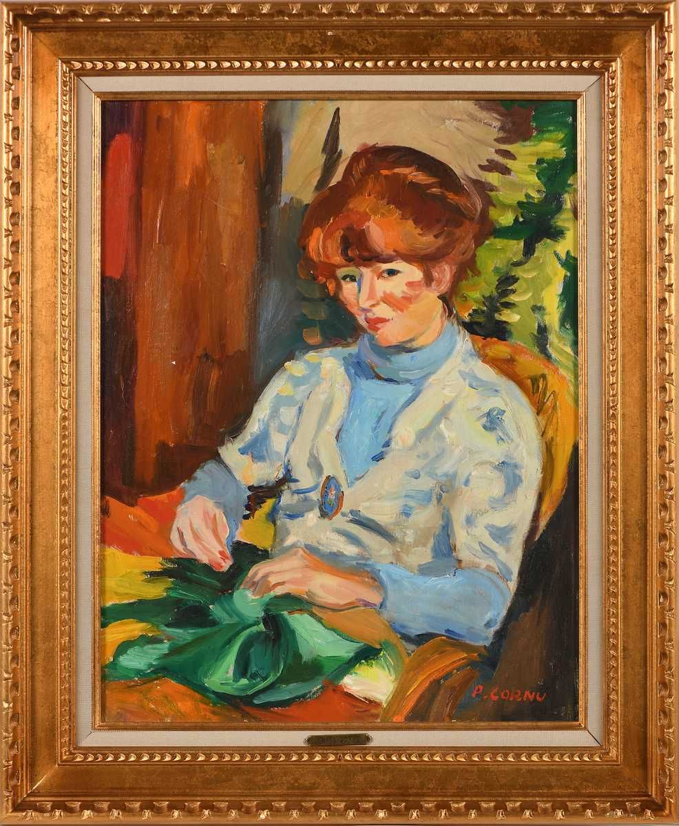 Null Pierre CORNU (1895-1996) Janet at the sewing Oil on canvas. Signed lower ri&hellip;