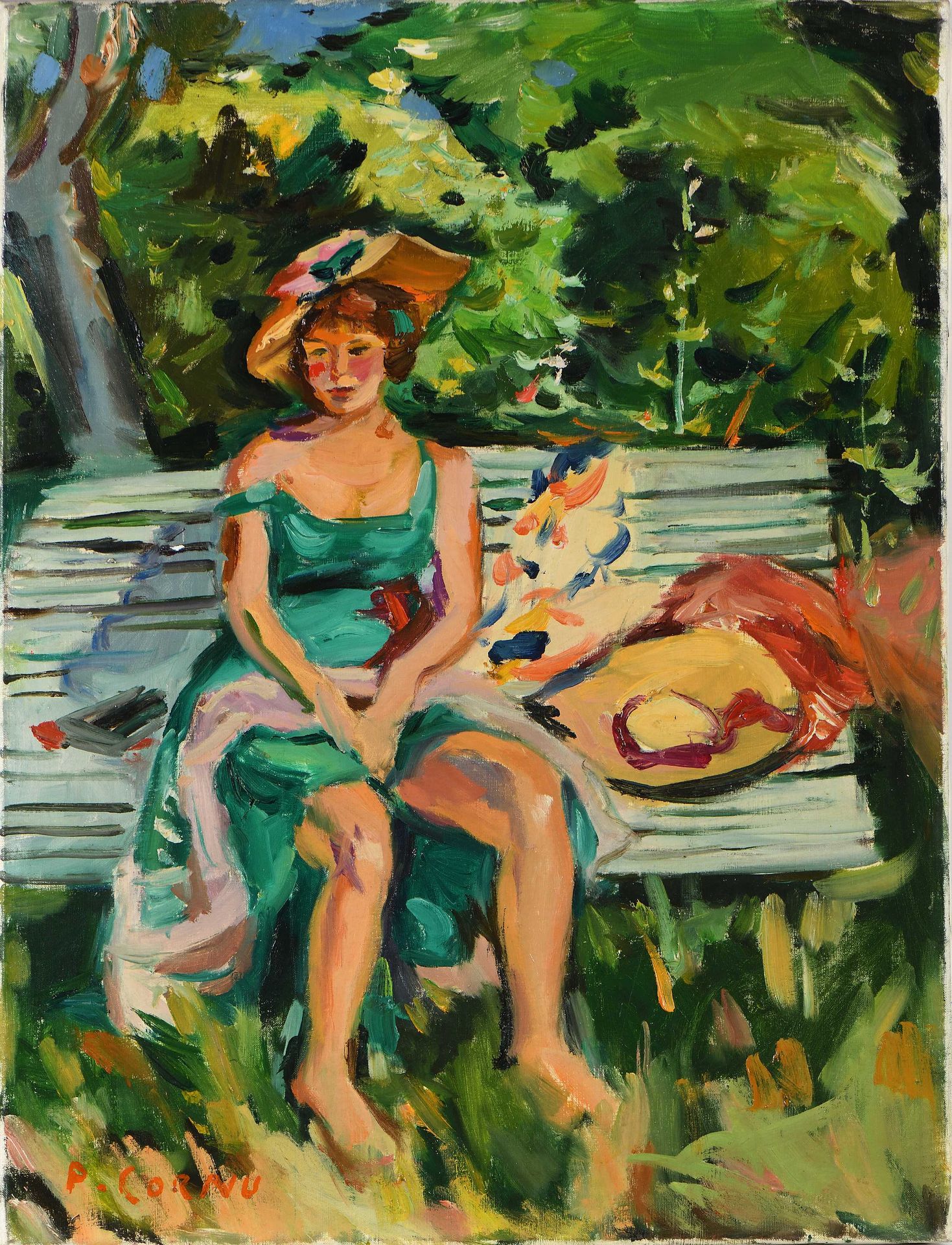 Null Pierre CORNU (1895-1996) 穿着绿色衣服的珍妮特坐在长椅上 布面油画，左下角有签名 61 x 46 cm (C654)