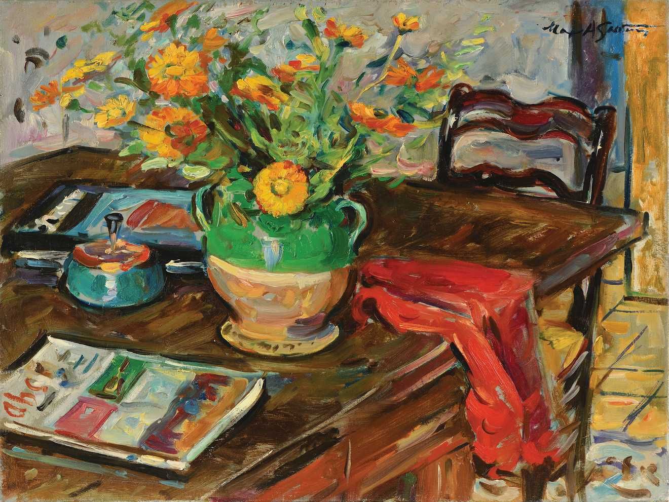 Null Max AGOSTINI (1914-1997) Still life with a vase of marigolds Oil on canvas.&hellip;