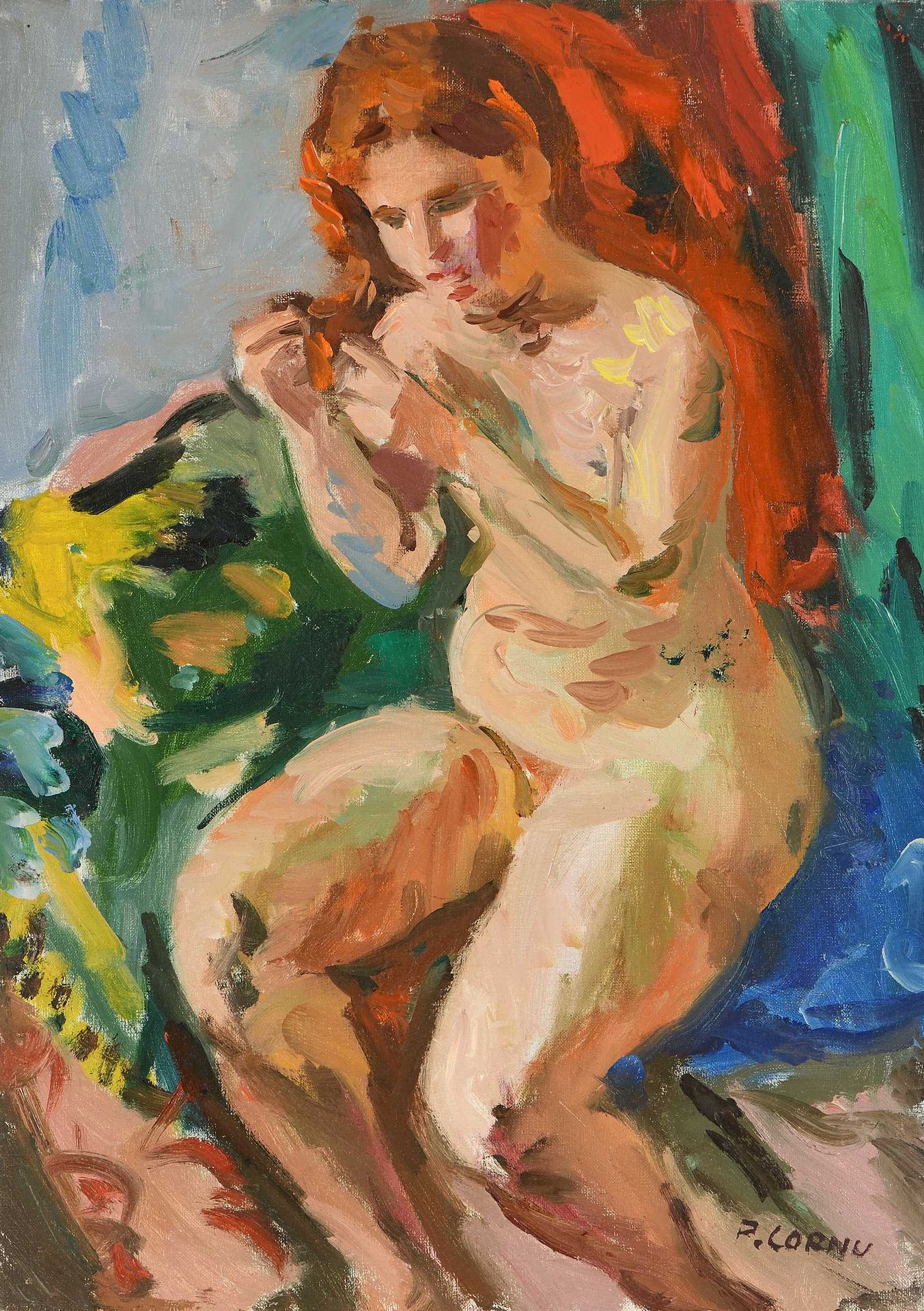 Null Pierre CORNU (1895-1996) Portrait of Janet untying her hair Oil on canvas. &hellip;