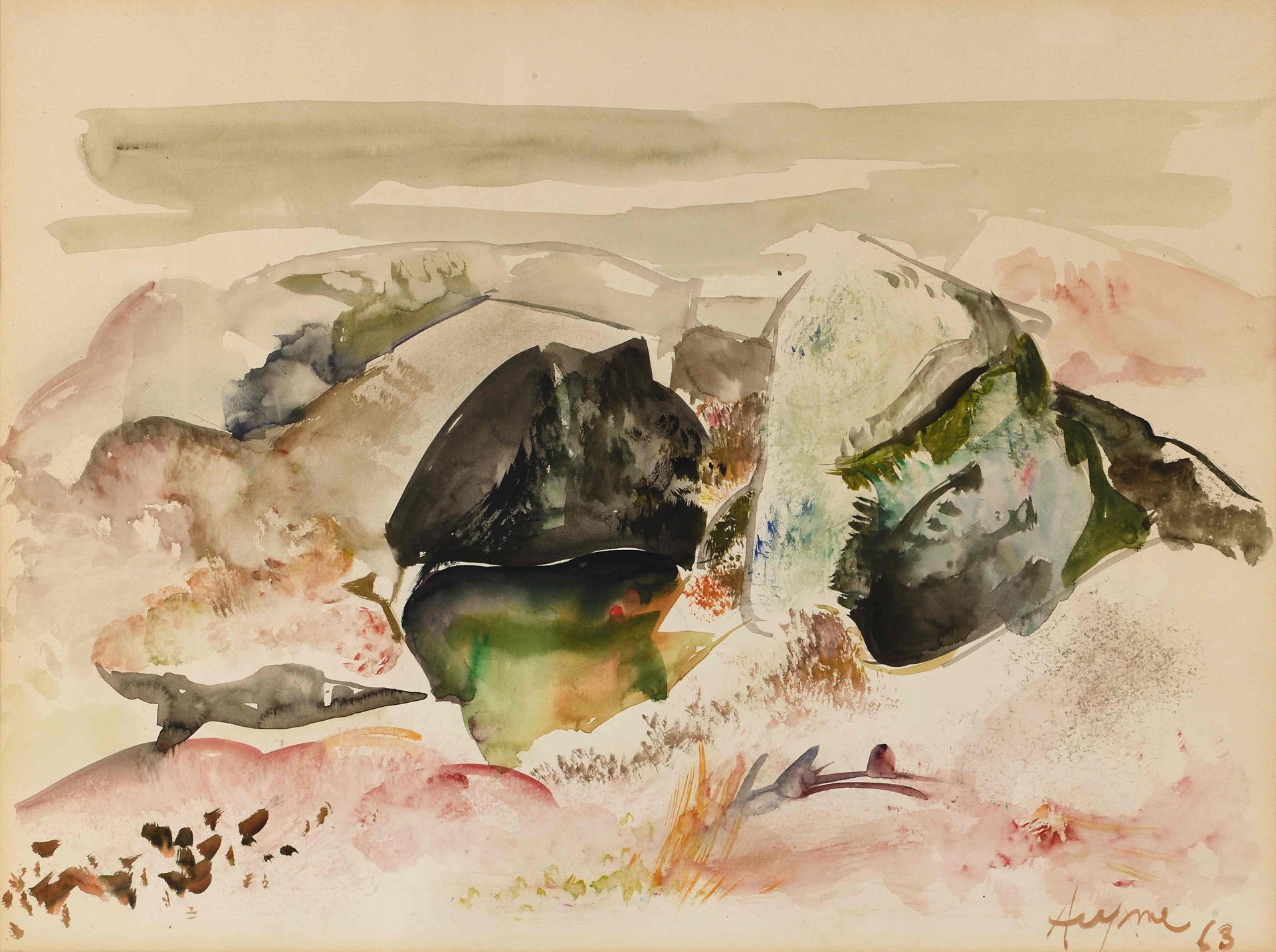 Null Jean AUJAME (1905-1965) Paysage, 1963 Aquarelle sur papier. Signée en bas à&hellip;